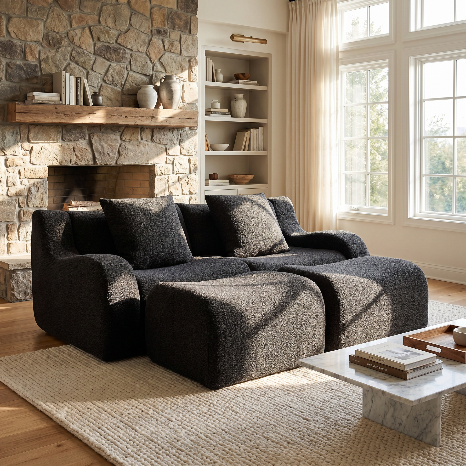 Chico black loveseat sofa in cozy living room with stone fireplace and natural sunlight