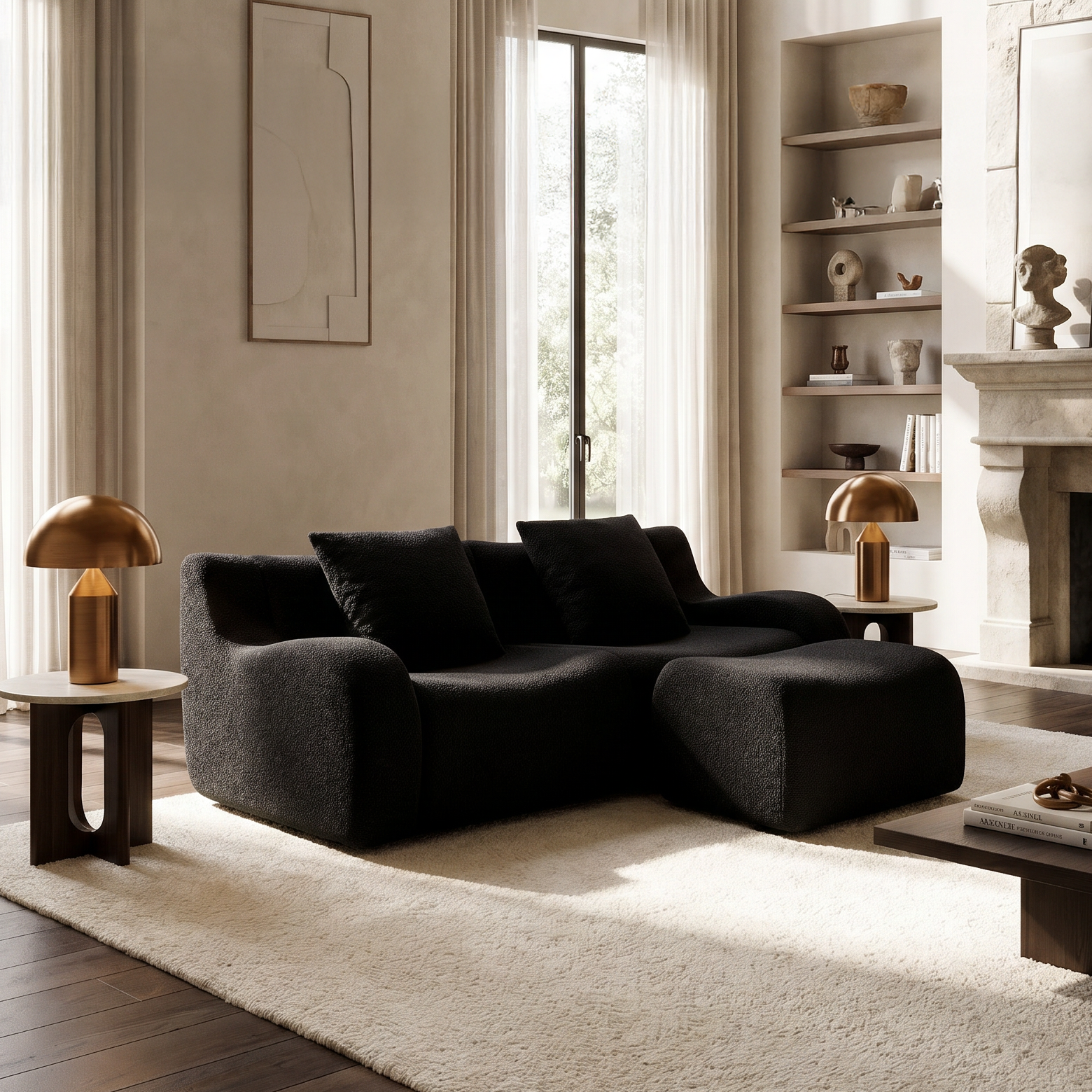 Chico black loveseat sofa in cozy living room with shelving and warm table lighting