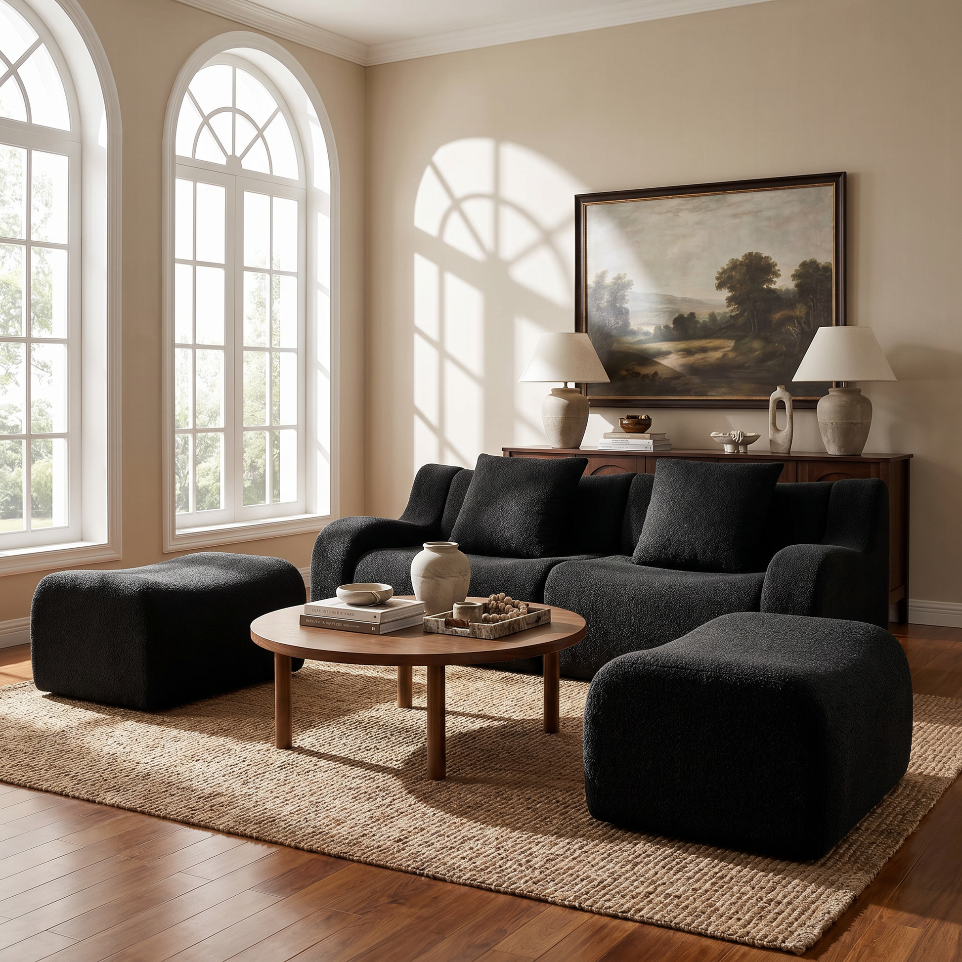 Chico black loveseat sofa in elegant living room with arched windows and round coffee table