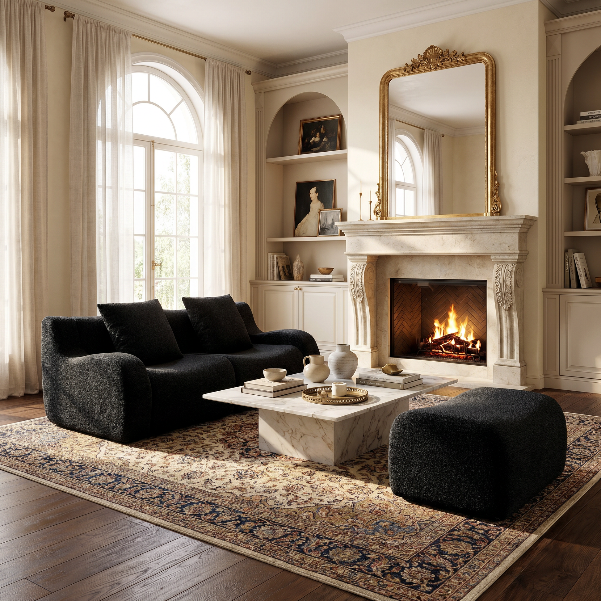 Chico black loveseat sofa in elegant living room with fireplace and patterned rug