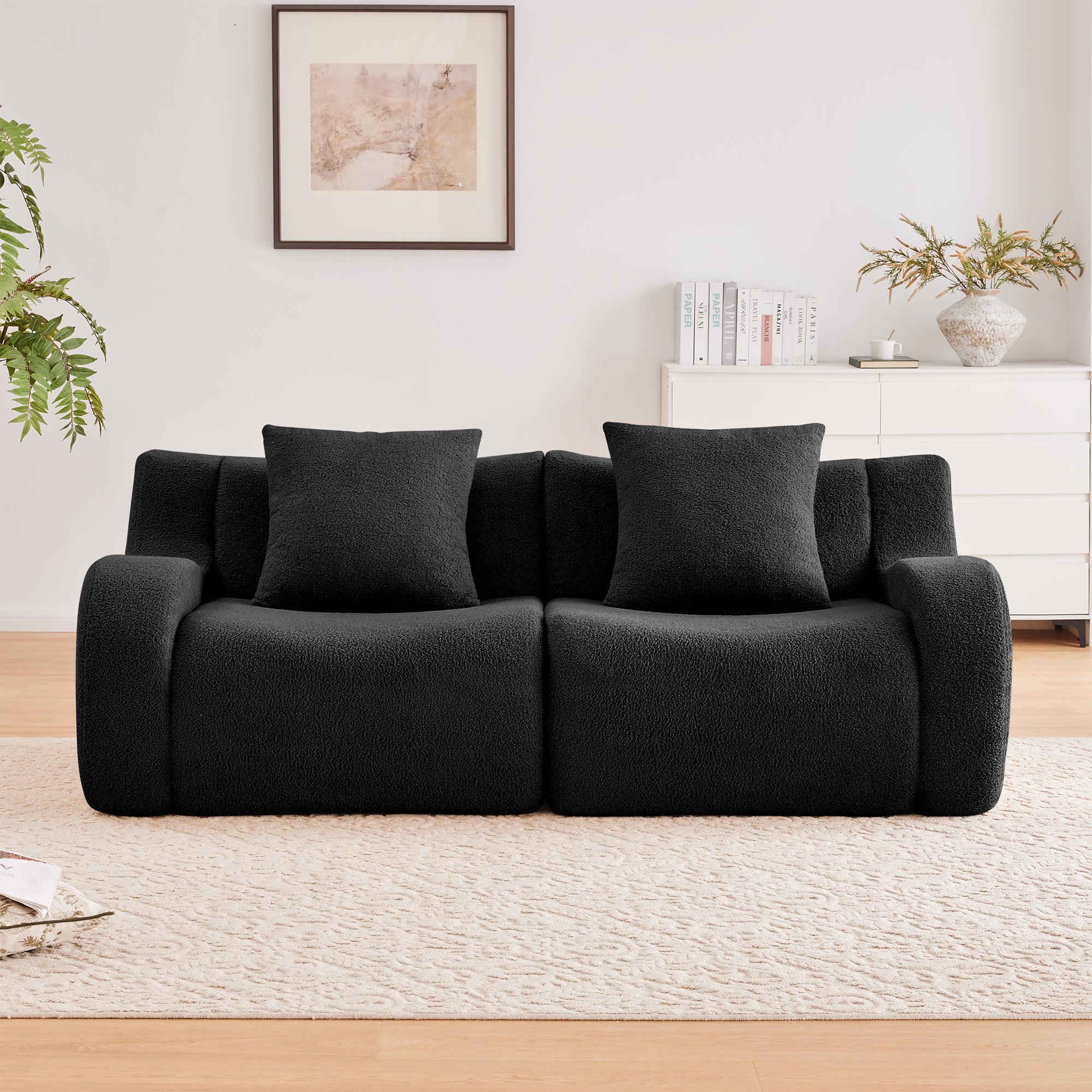Chico black loveseat sofa showing front view in a bright living room