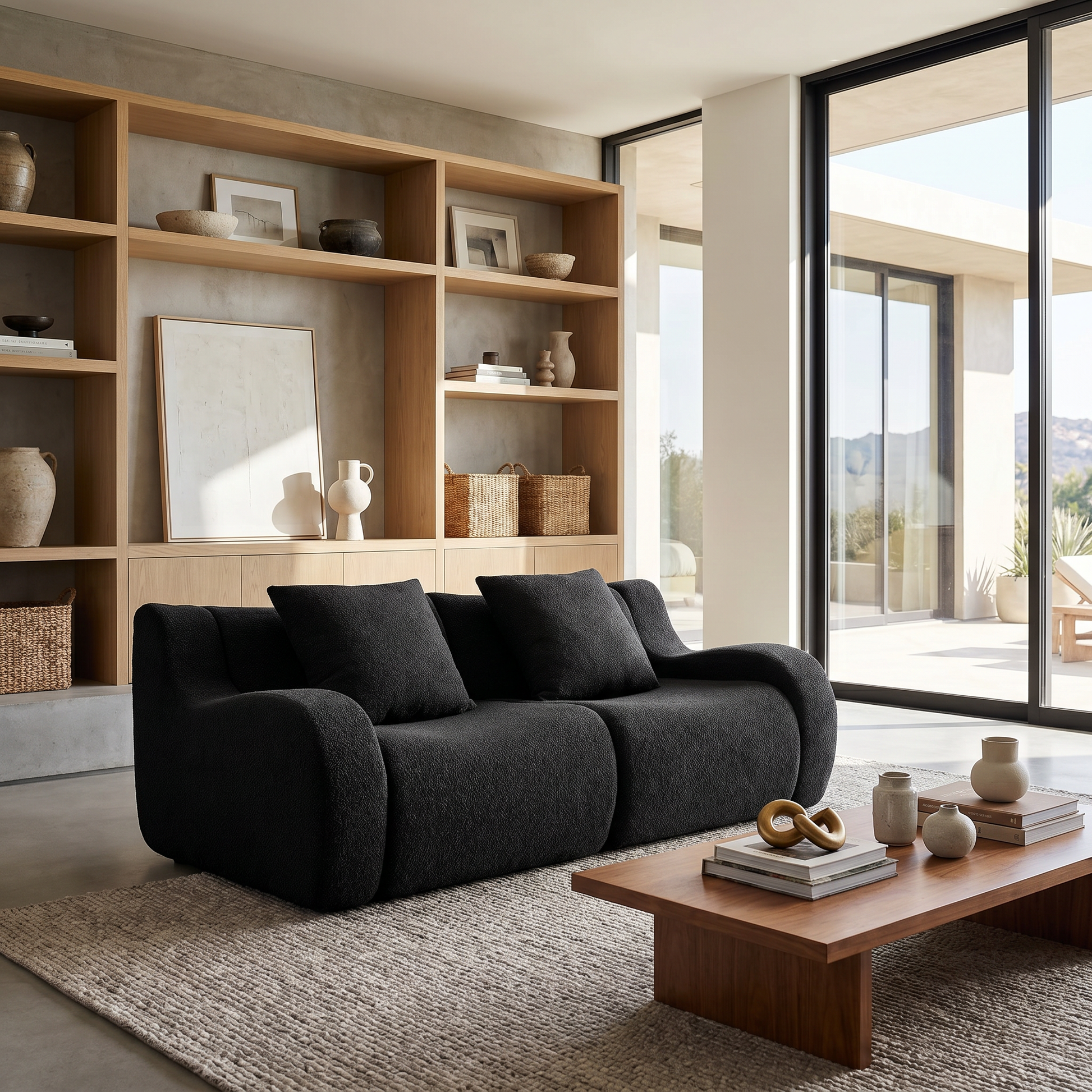 Chico black loveseat sofa showing angled view in a modern living room