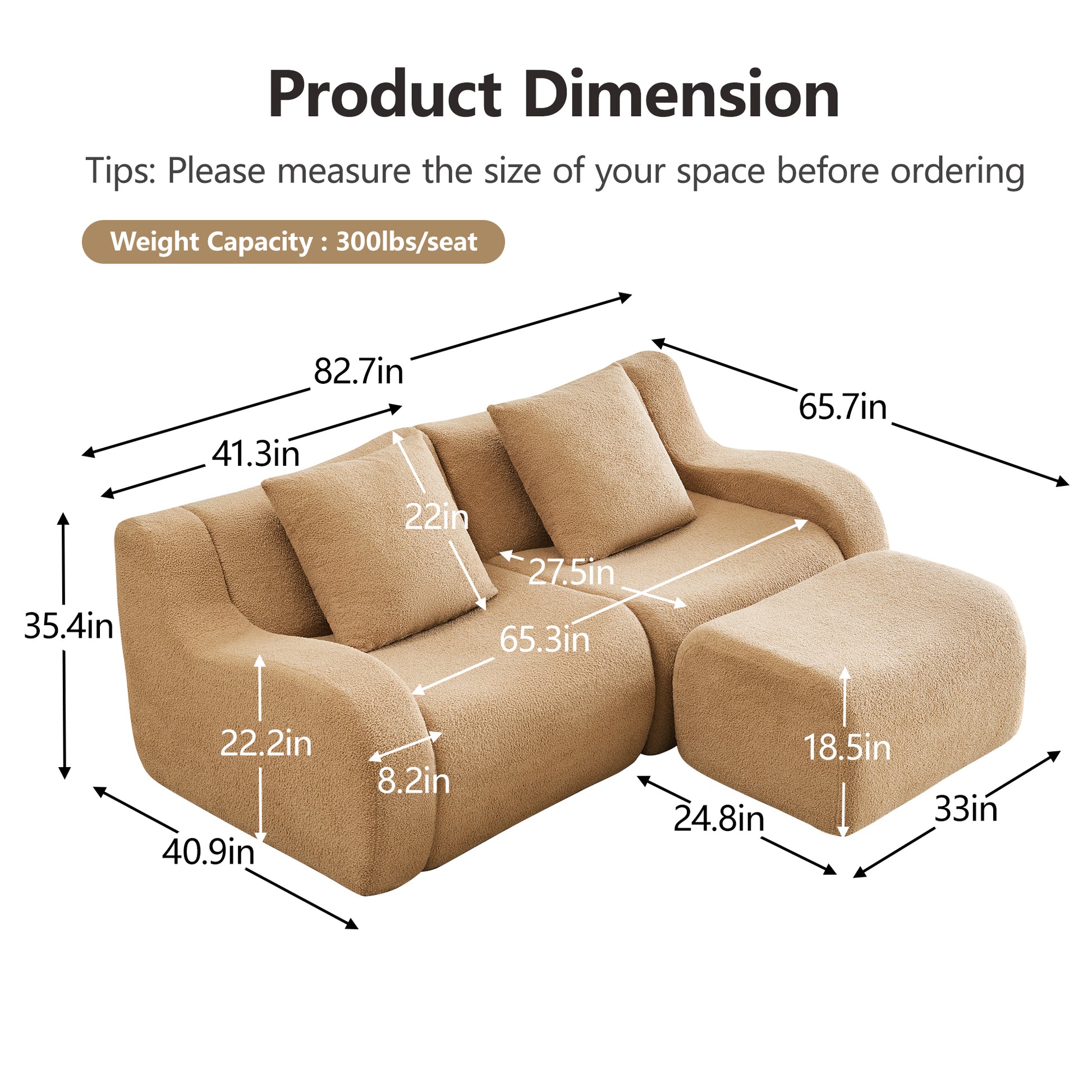 Chico camel loveseat sofa showing product dimensions and weight capacity