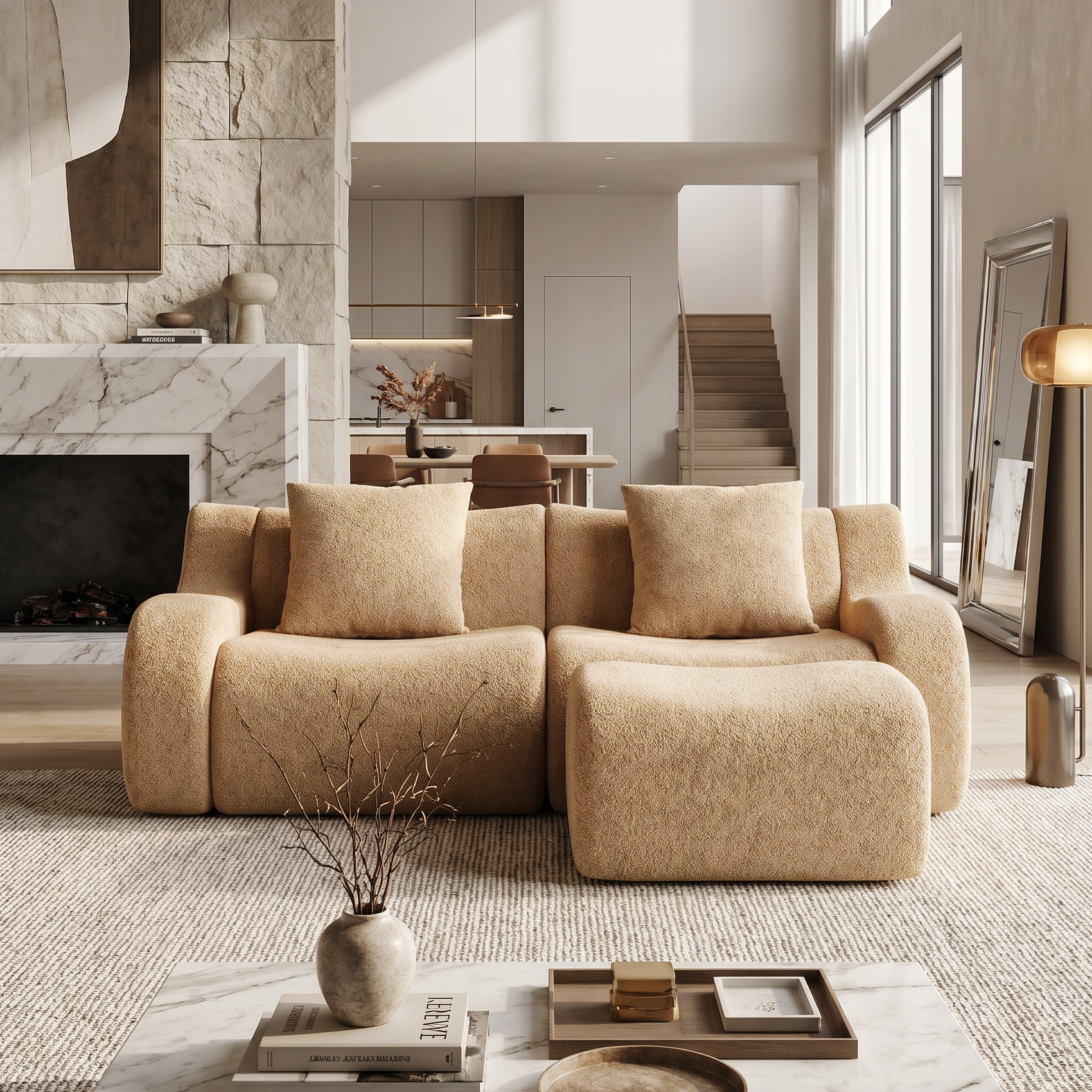 Chico camel loveseat sofa with ottoman in modern living room with marble fireplace and neutral decor