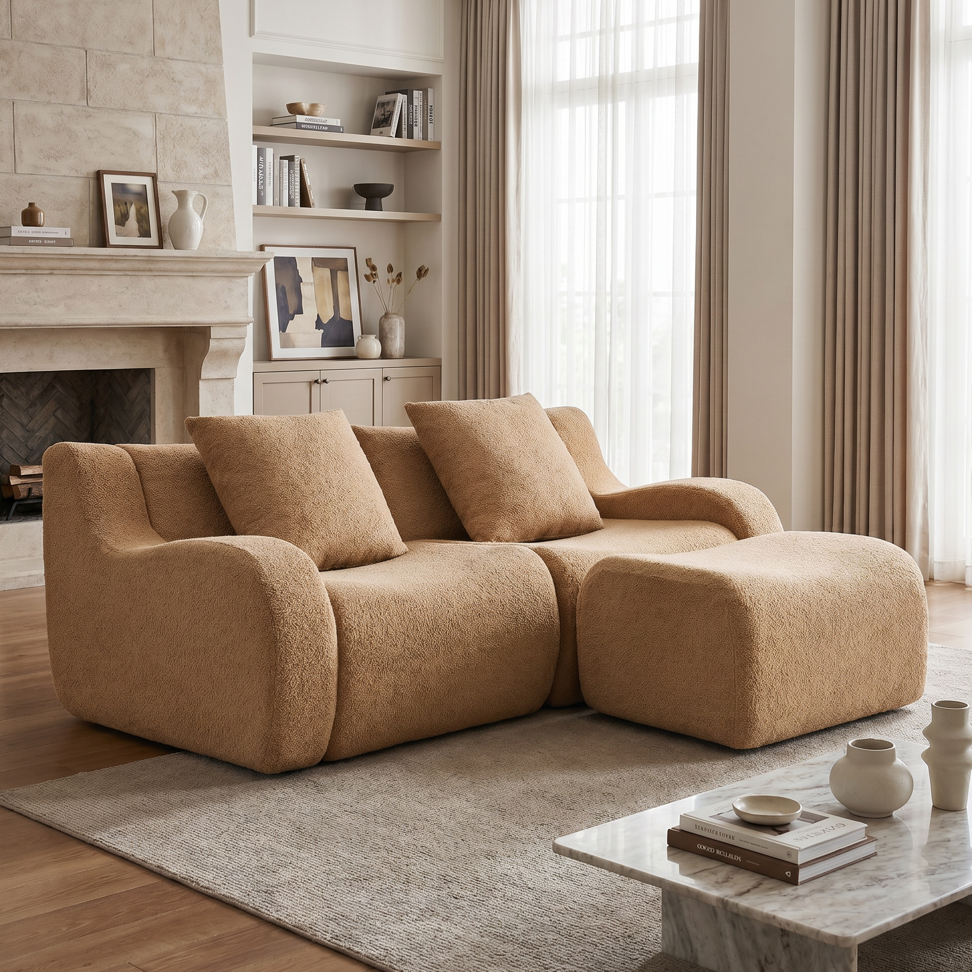 Chico camel loveseat sofa with movable ottoman in cozy living room with fireplace and shelving