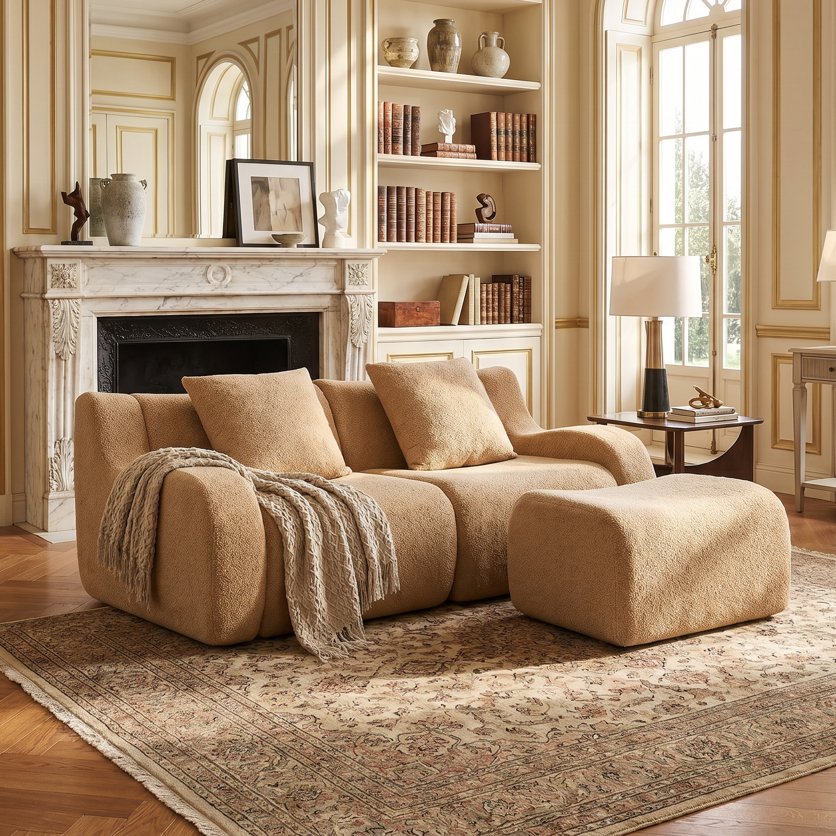 Chico camel loveseat sofa in elegant living room with fireplace, rug and warm lighting