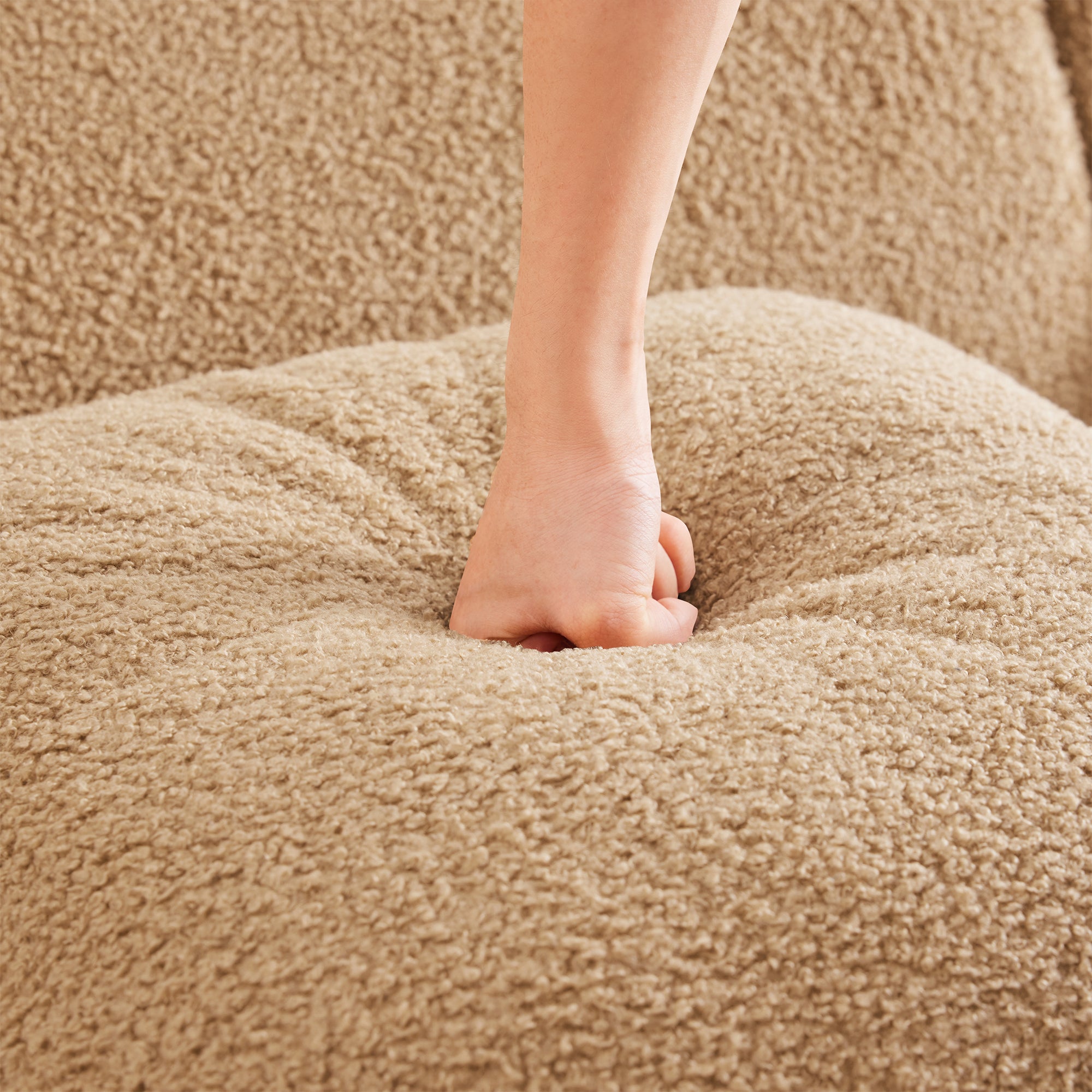 Chico camel loveseat sofa showing cushion compression detail