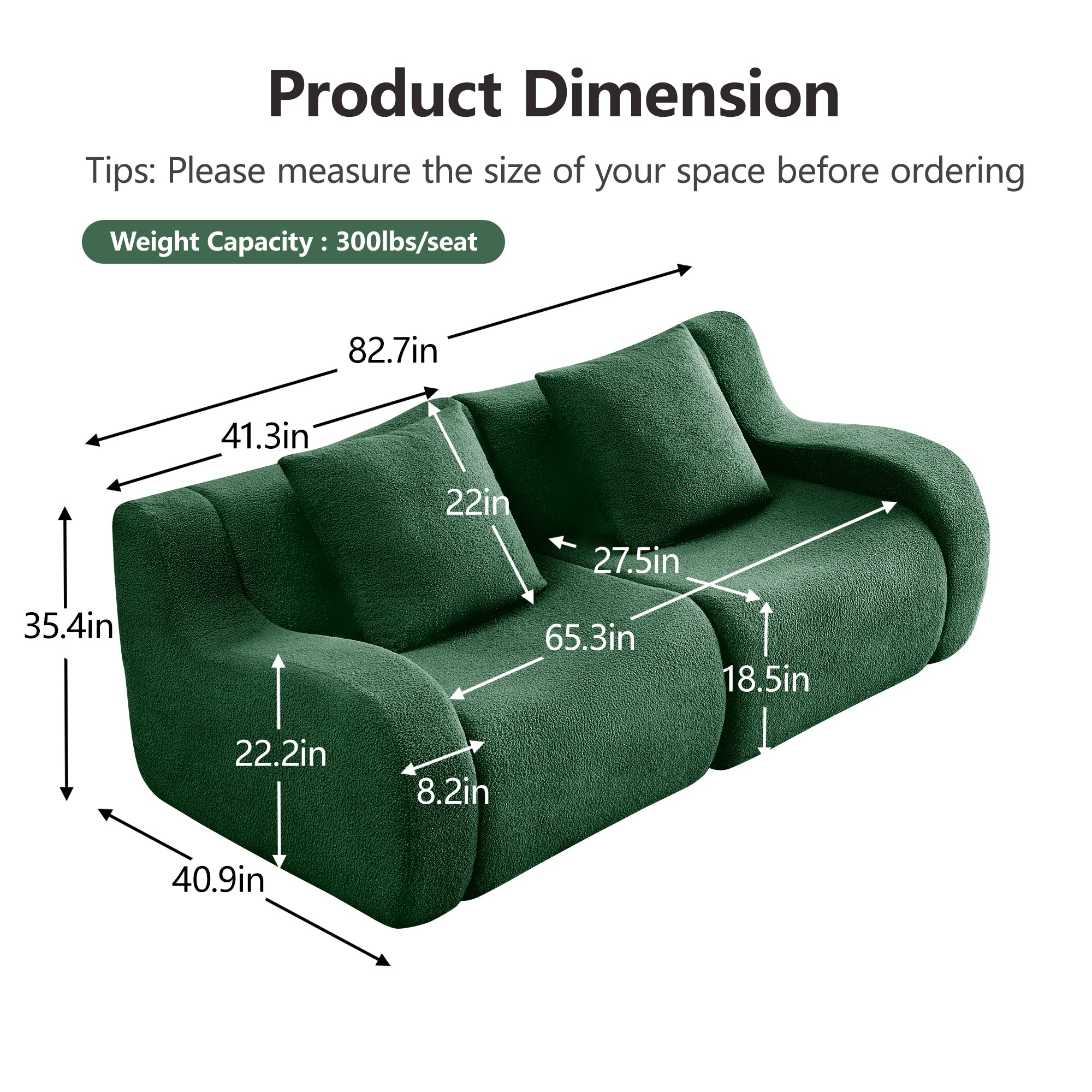 Chico green loveseat sofa showing product dimensions and weight capacity