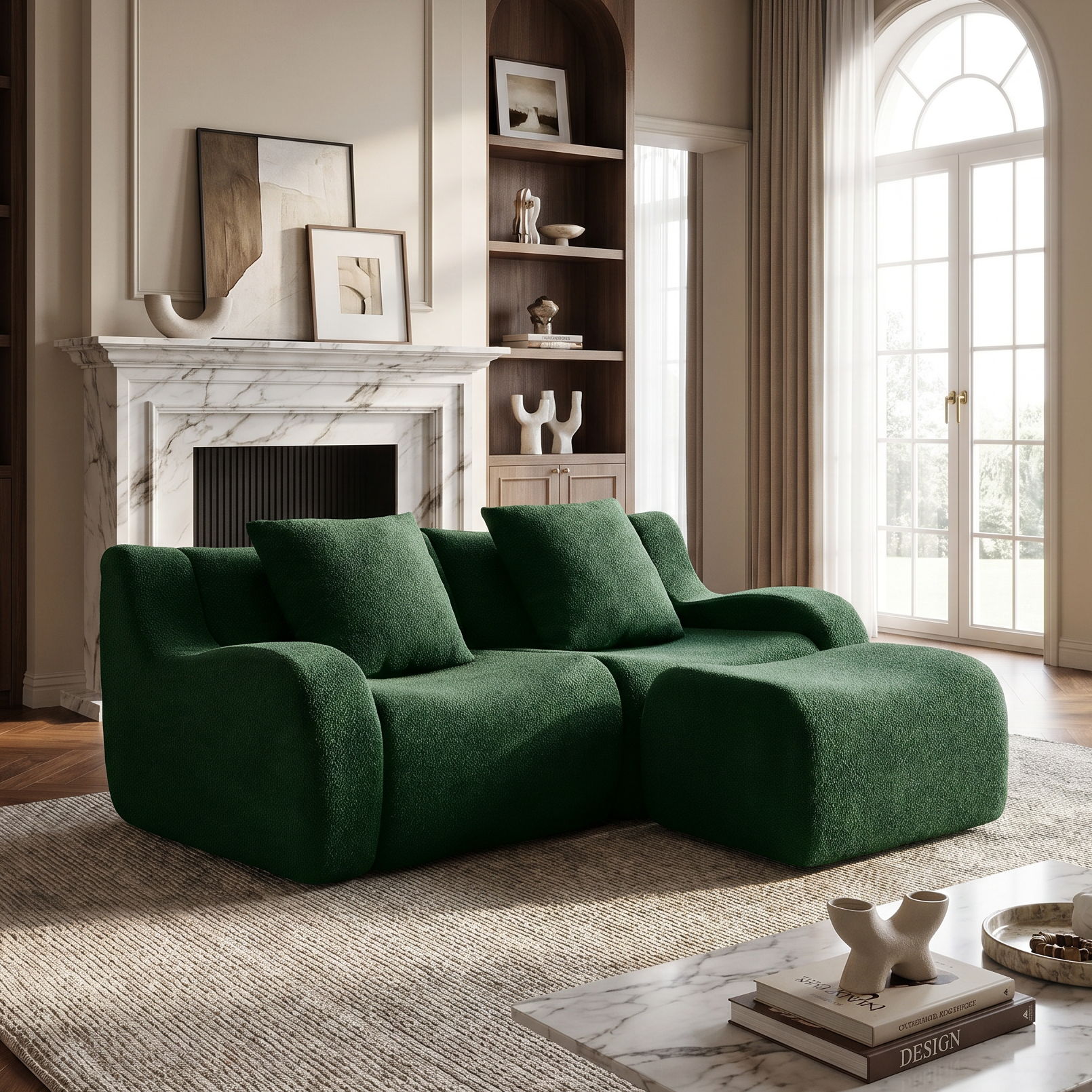 Chico green loveseat sofa with ottoman in elegant living room with fireplace and shelving