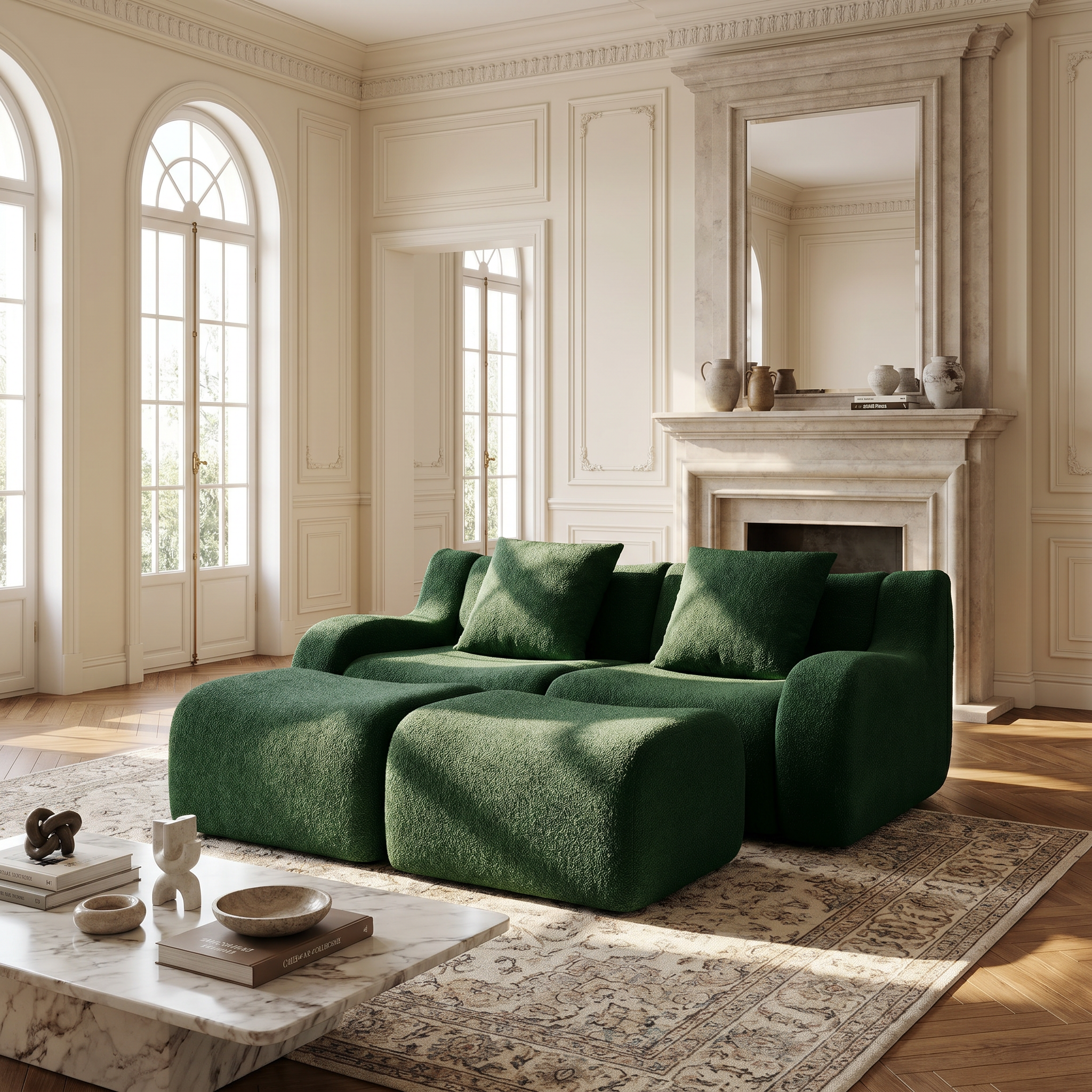 Chico green loveseat sofa in elegant living room with fireplace and patterned rug