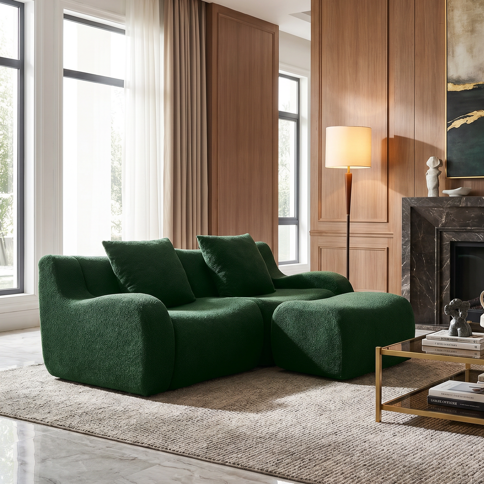 Chico green loveseat sofa in modern living room with floor lamp and large windows