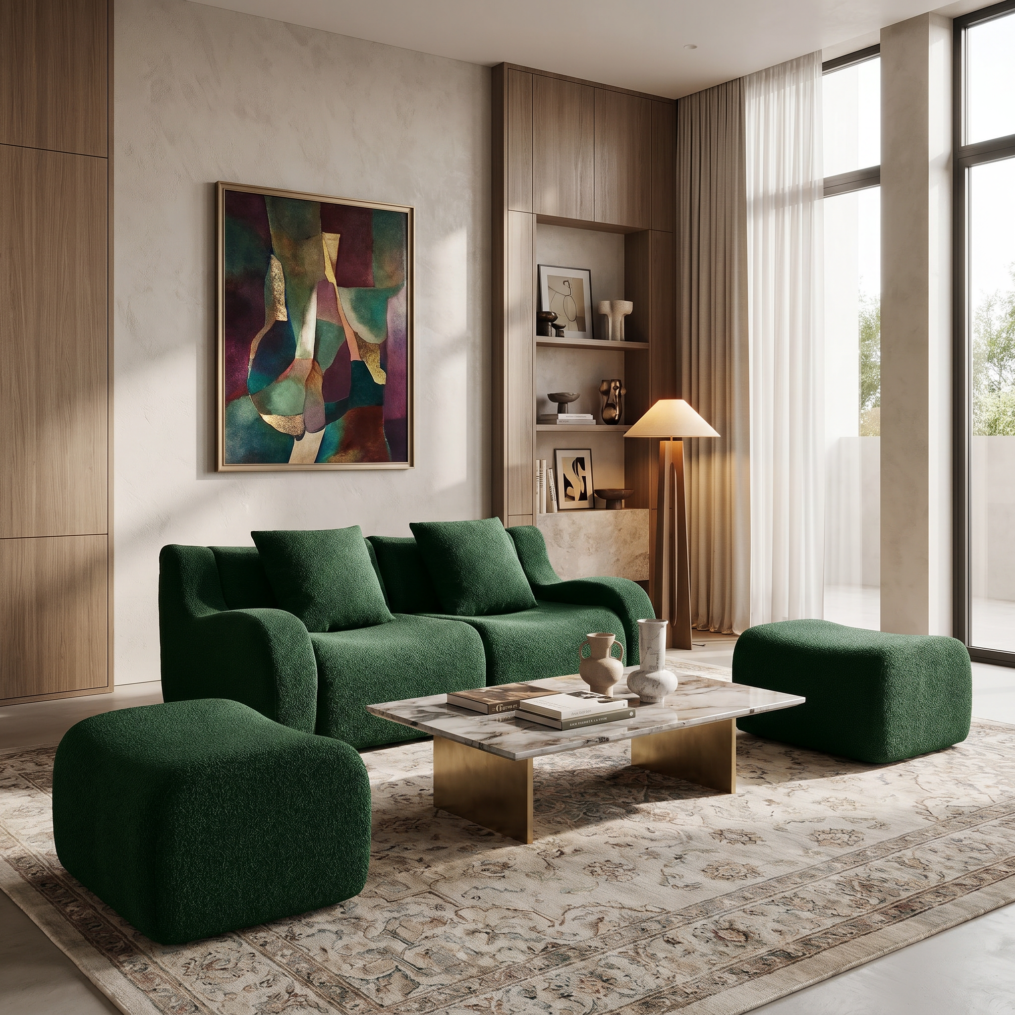 Chico green loveseat sofa in modern living room with artwork, floor lamp and marble coffee table