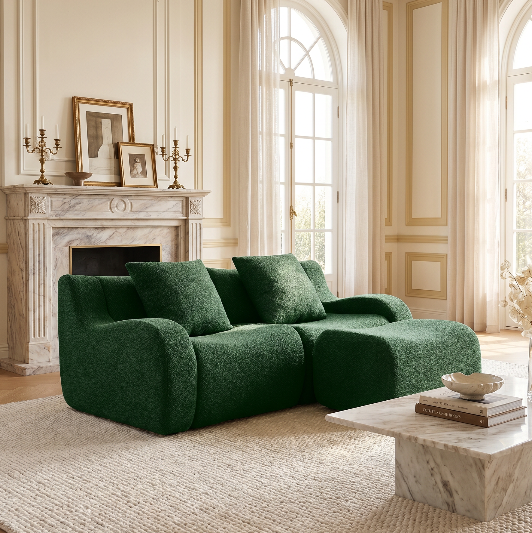 Chico green loveseat sofa in bright living room with marble fireplace and neutral decor