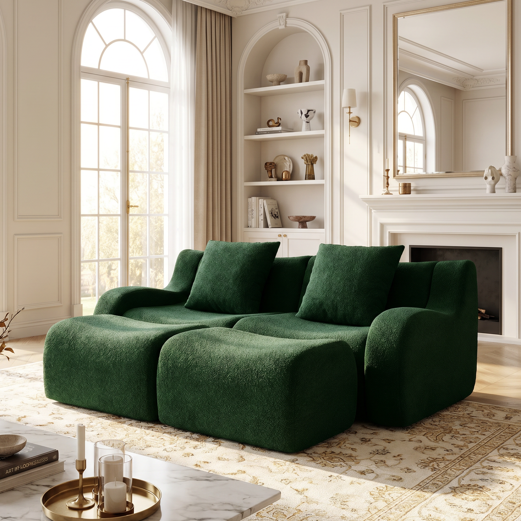 Chico green loveseat sofa in bright living room with fireplace and built-in shelving