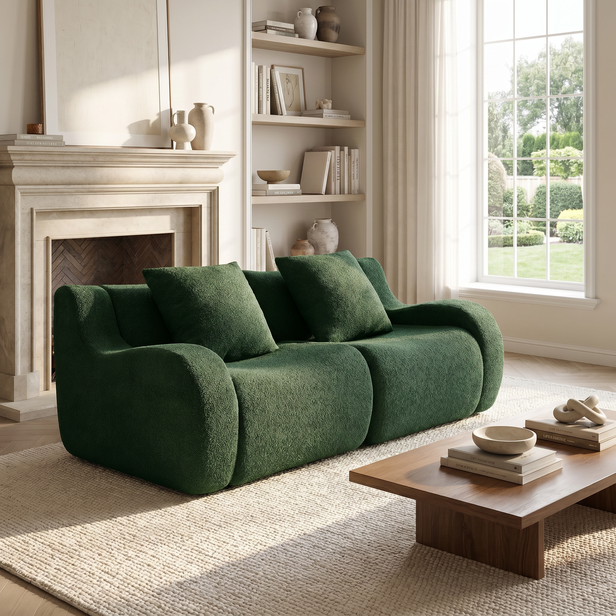 Chico green loveseat sofa showing modern lounge placement beside large windows