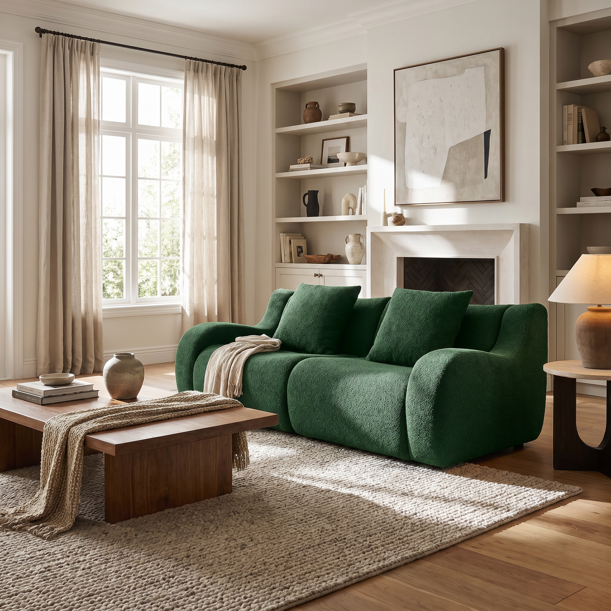 Chico green loveseat sofa showing cozy living room setup near a fireplace