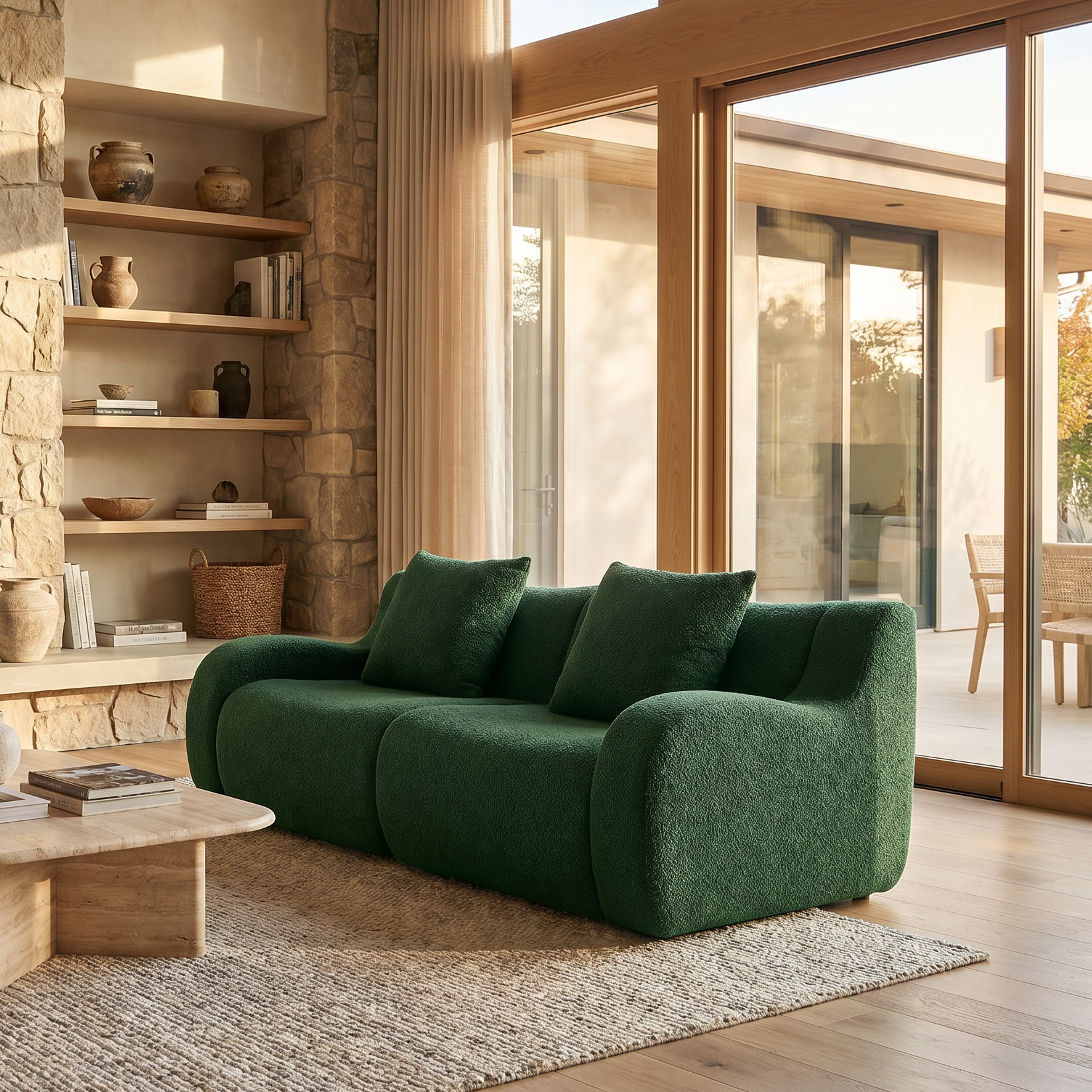 Chico green loveseat sofa showing cozy living room setup near a fireplace
