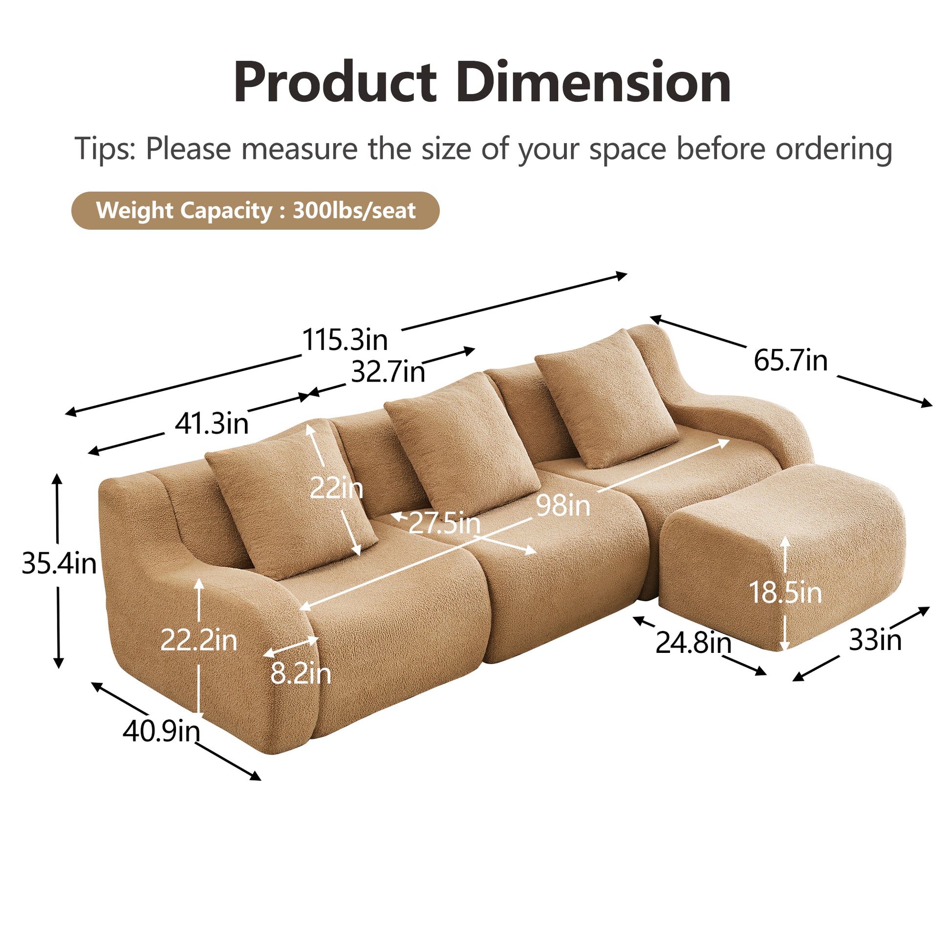 Chico light camel loveseat sofa showing product dimensions and weight capacity
