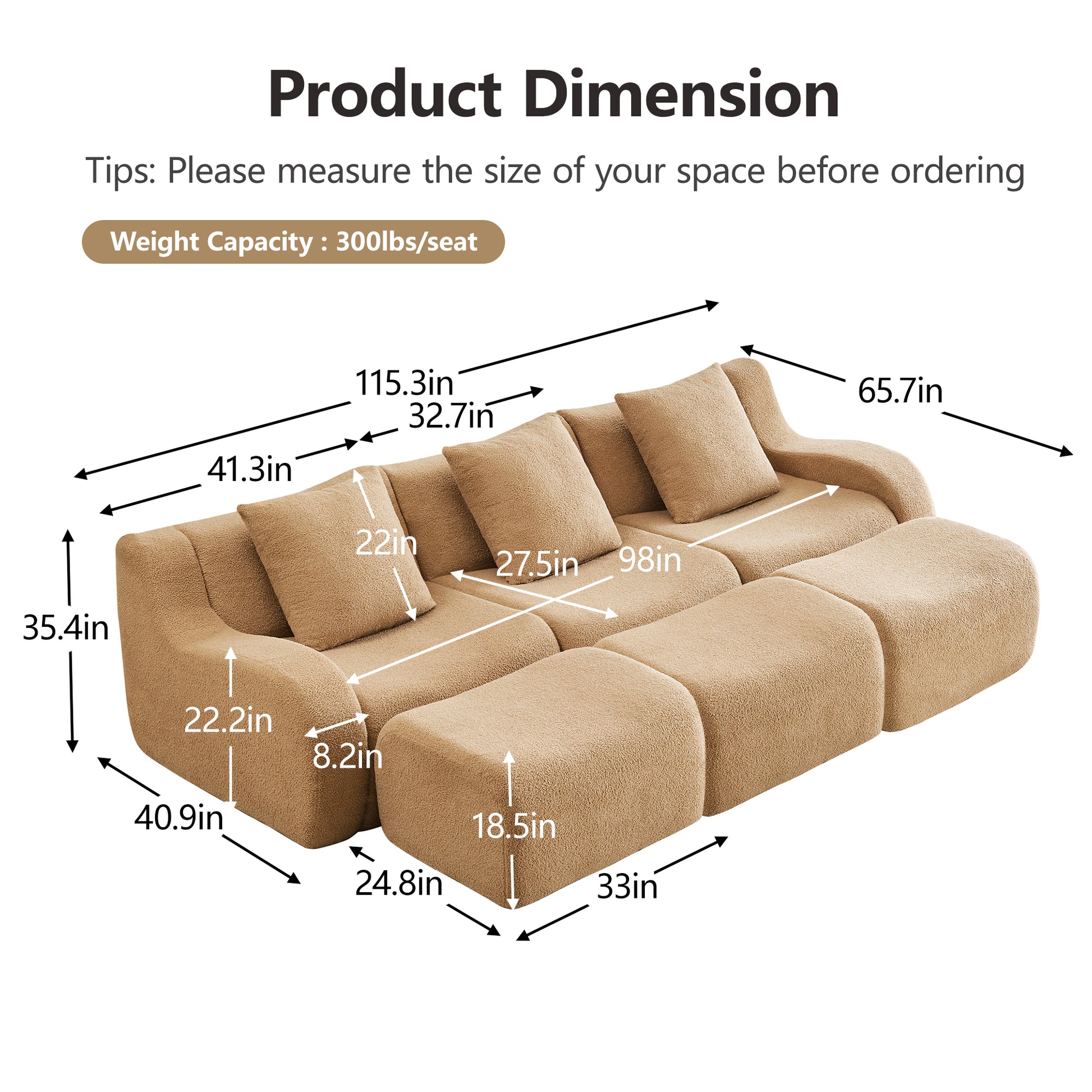 Chico light camel loveseat sofa showing product dimensions and weight capacity