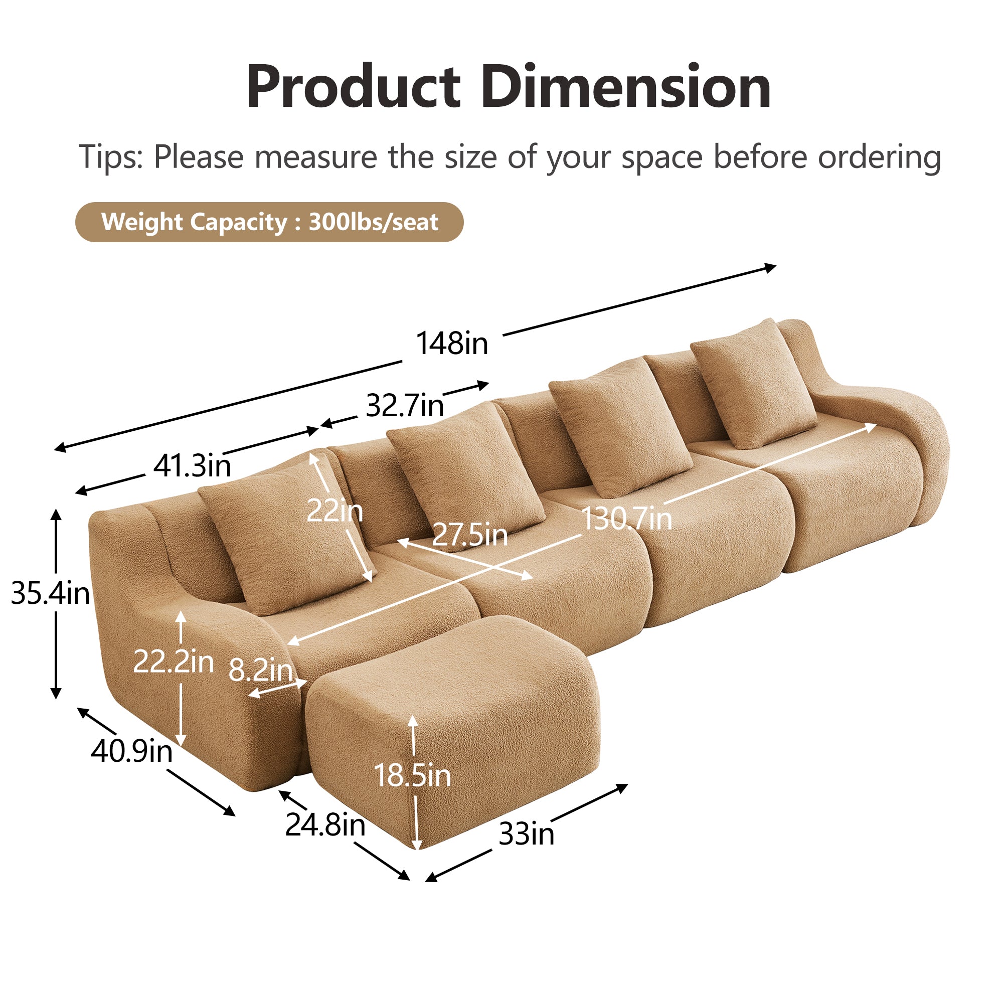 Chico light camel loveseat sofa showing product dimensions and weight capacity