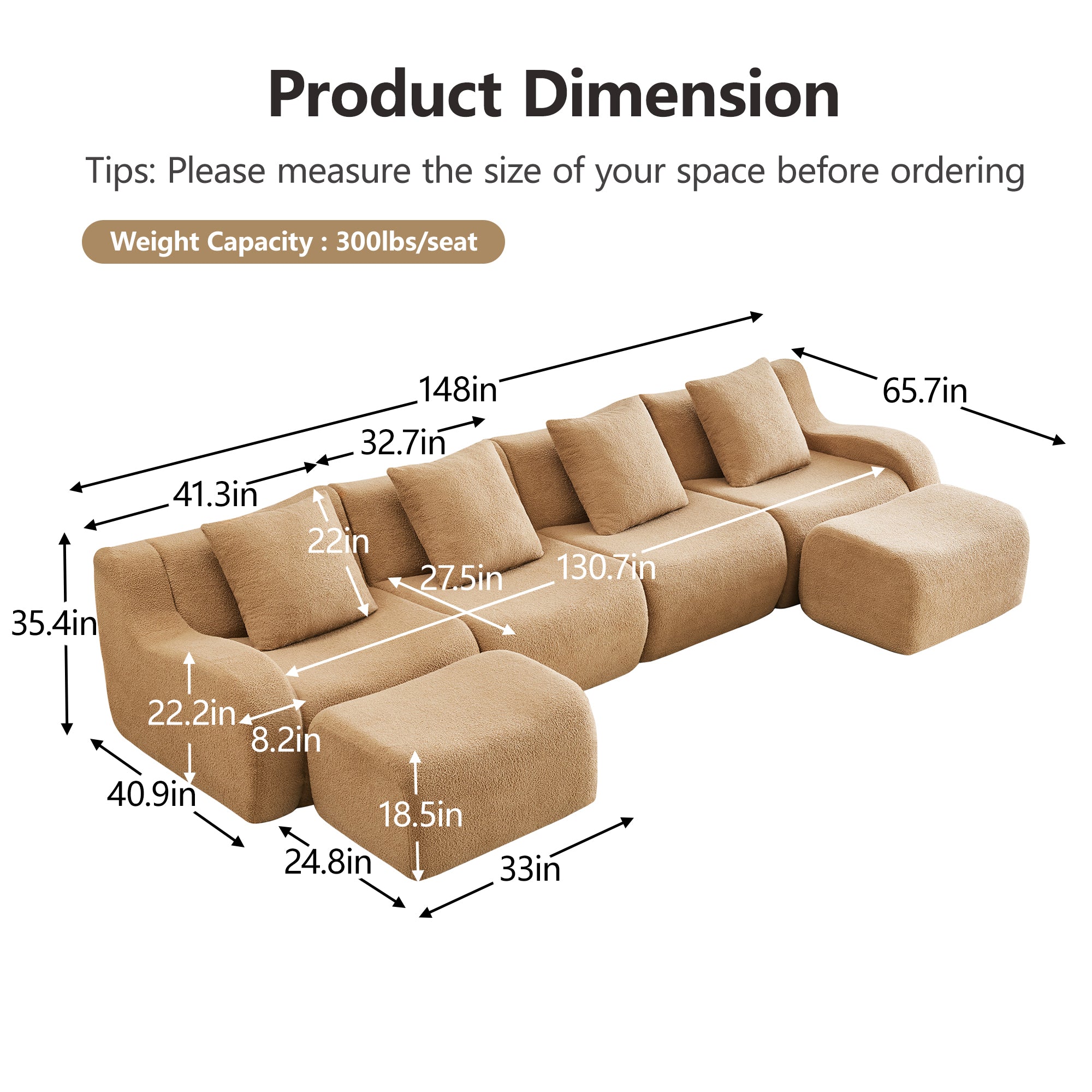 Chico light camel loveseat sofa showing product dimensions and weight capacity