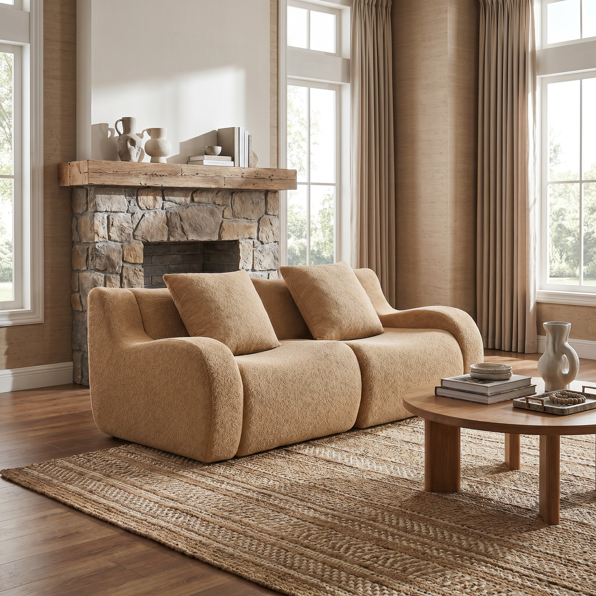 Chico light camel loveseat sofa showing front view with movable ottoman in a cozy room