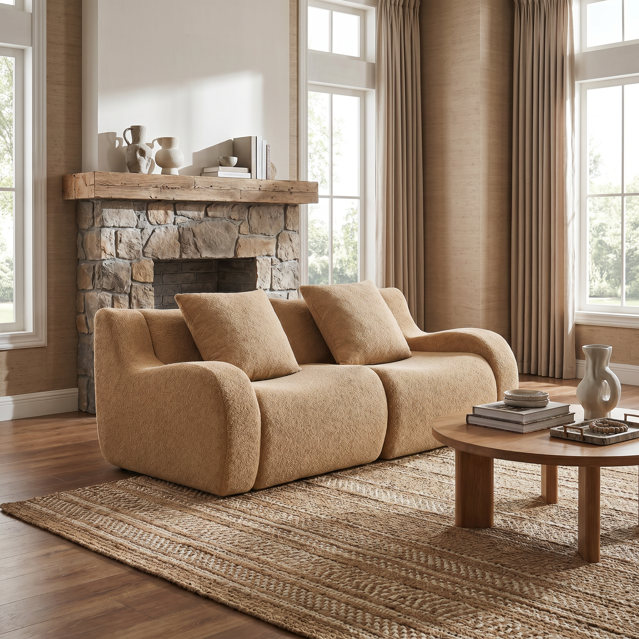Chico light camel loveseat sofa showing front view with movable ottoman in a cozy room