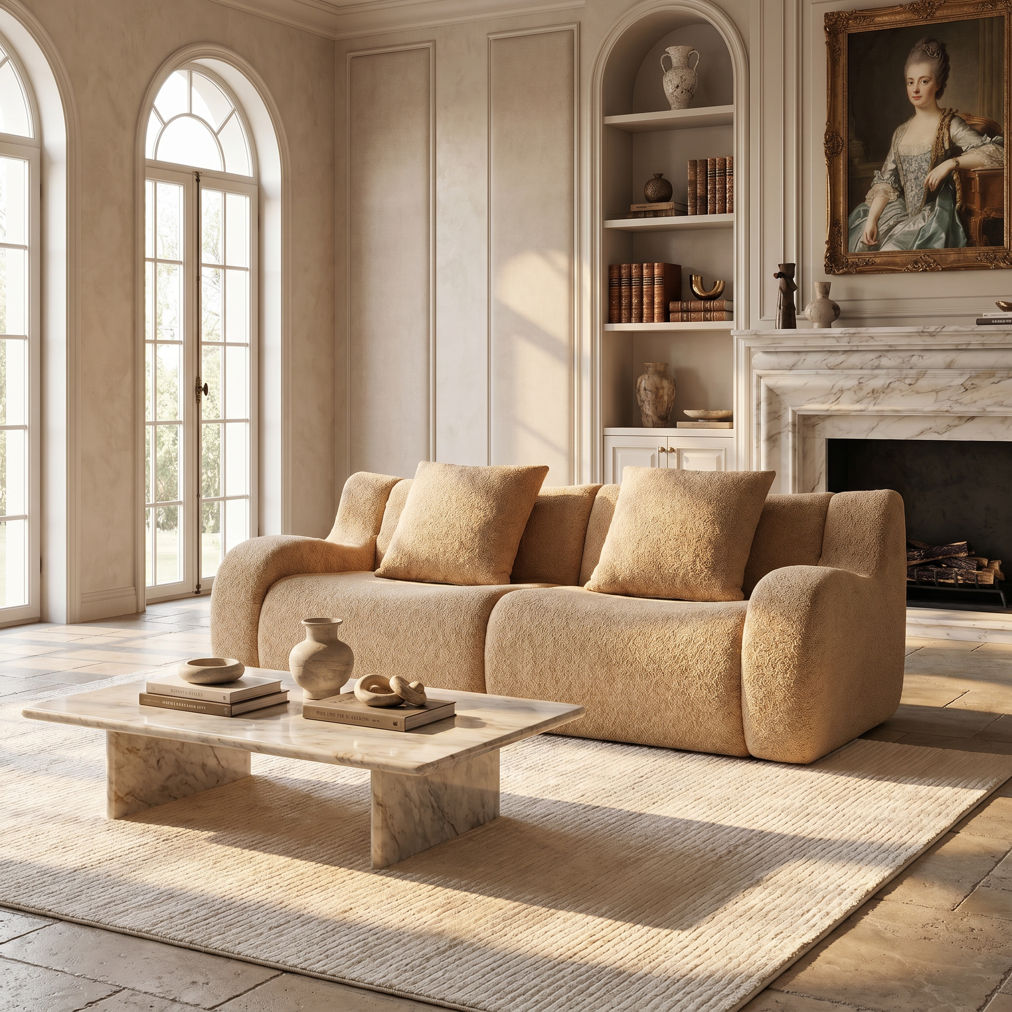Chico light camel loveseat sofa showing ribbed fabric and chaise setup near a fireplace