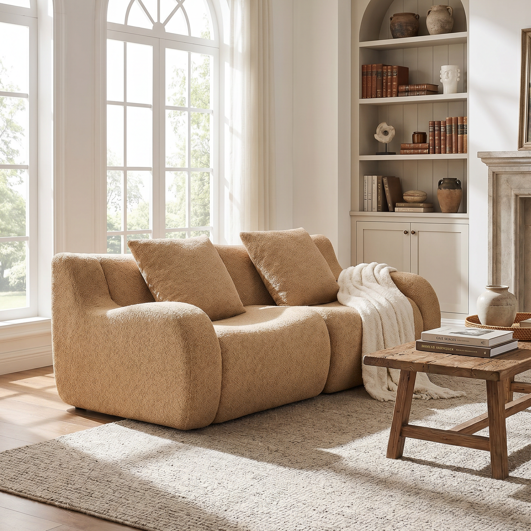 Chico light camel loveseat sofa showing modern lounge placement with ottoman