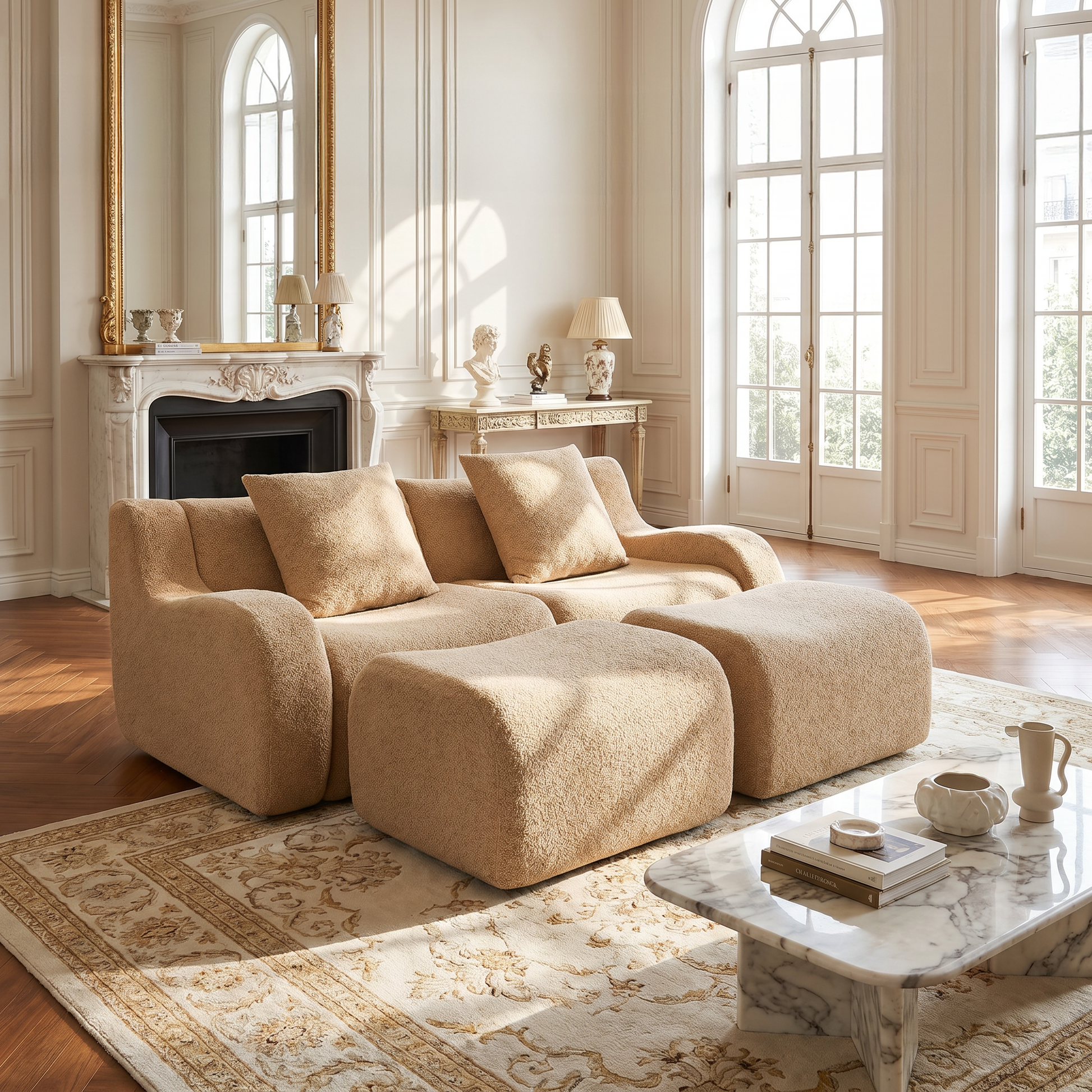 Chico light camel loveseat sofa showing front view in a bright living room