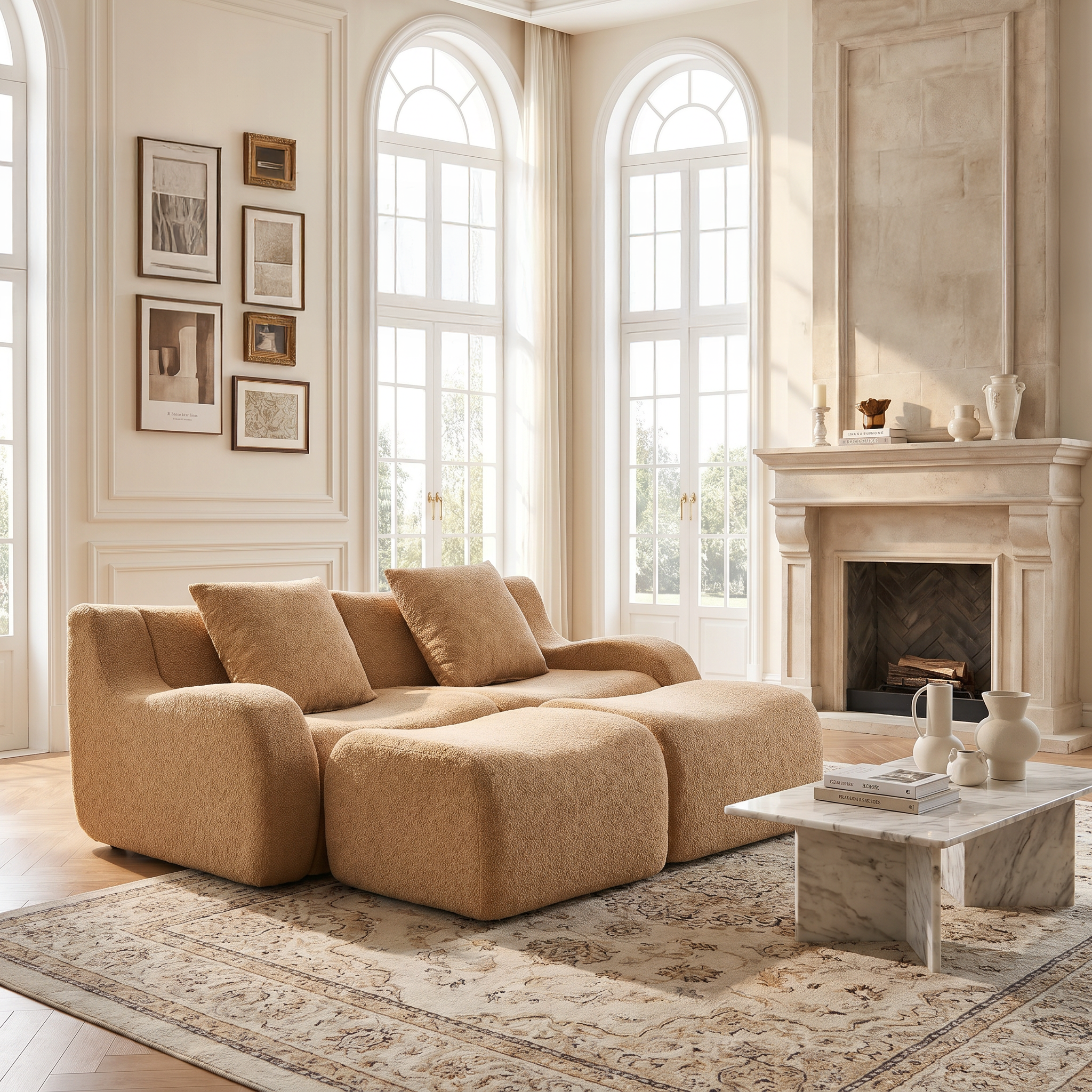 Chico light camel loveseat sofa showing front view with movable ottoman in a modern room