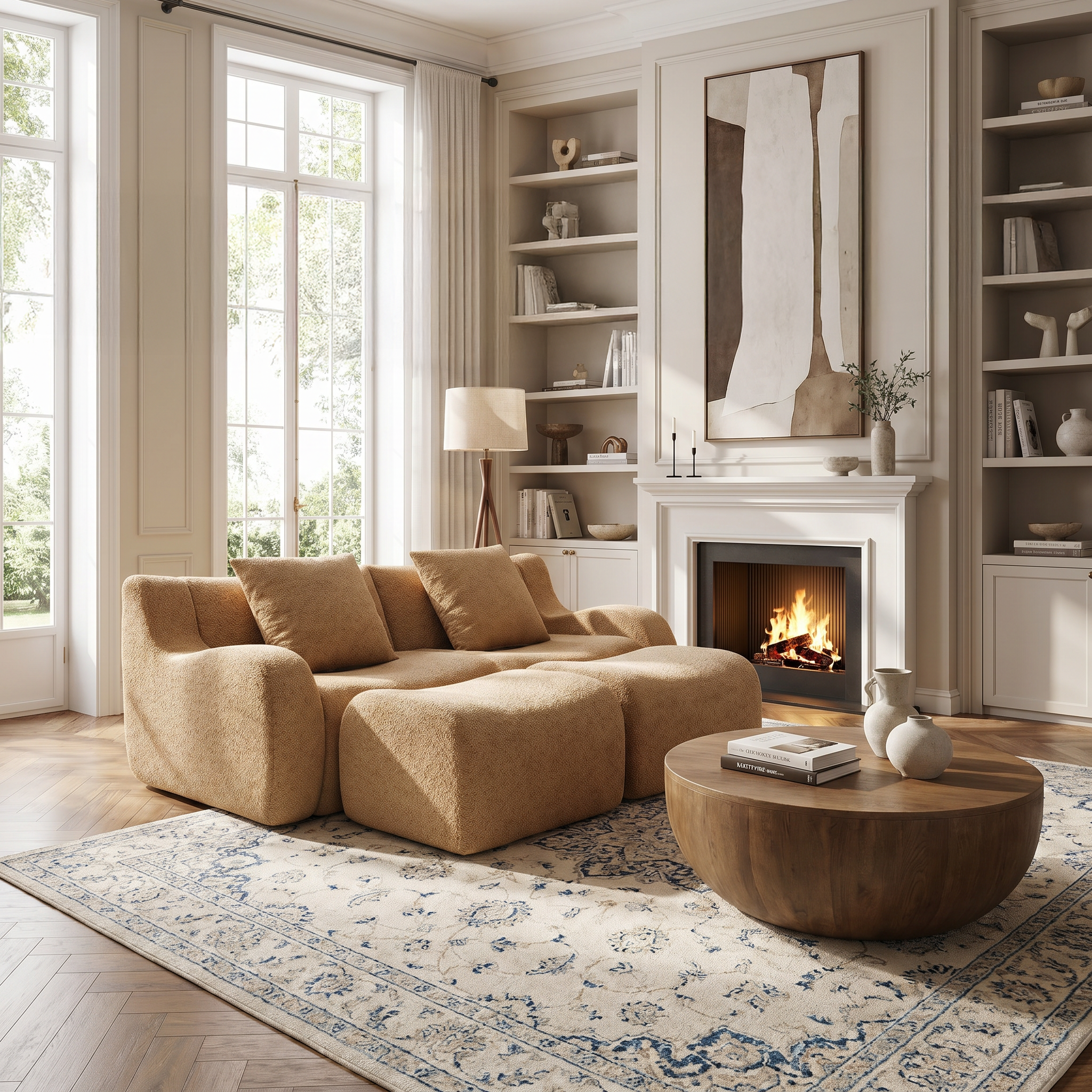 Chico light camel loveseat sofa showing l shaped layout in a cozy fireplace setting