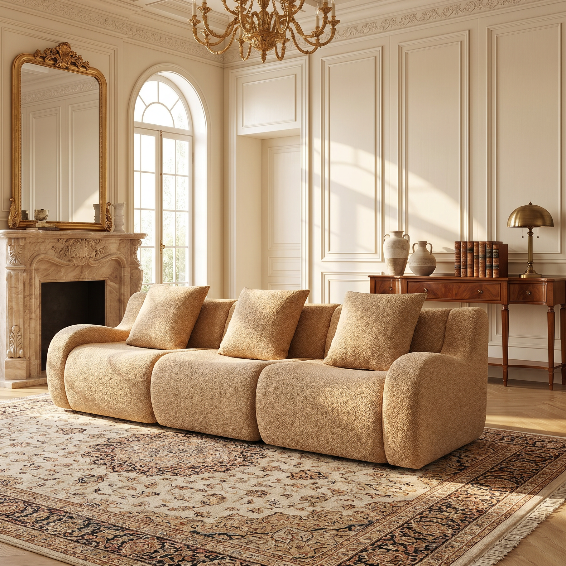 Chico light camel loveseat sofa showing front view in a bright living room