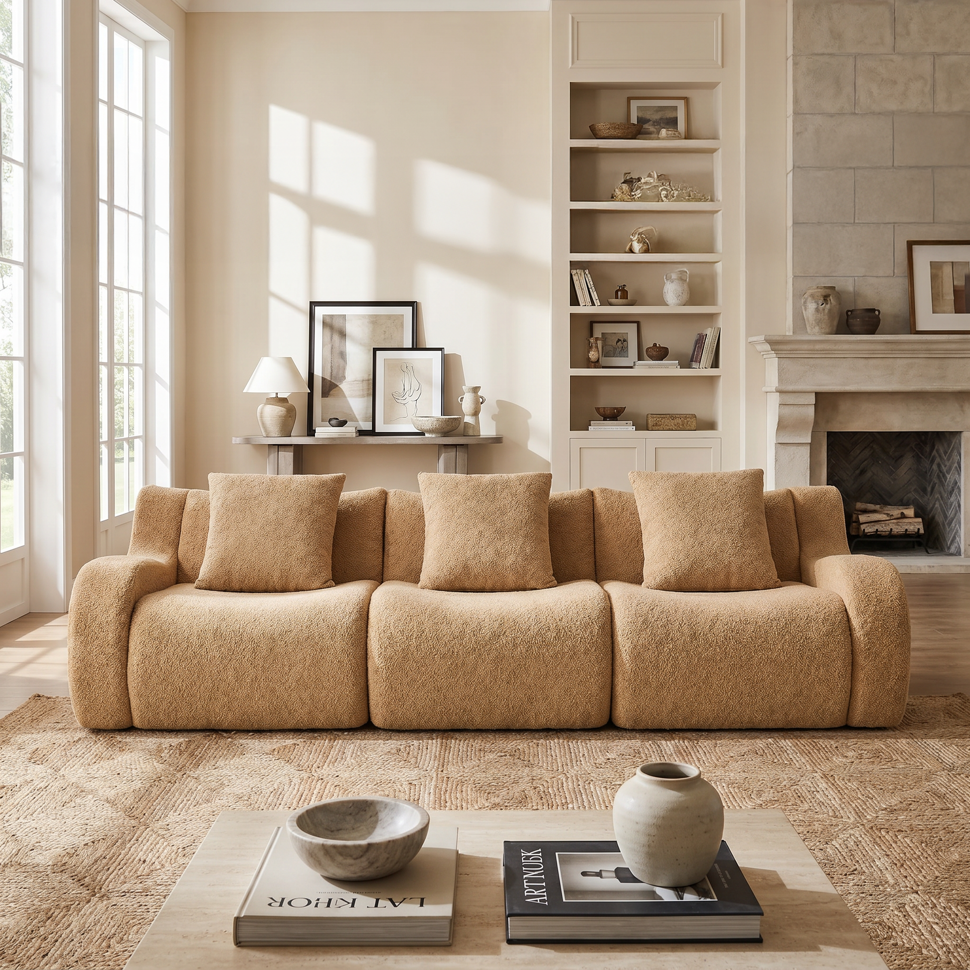 Chico light camel loveseat sofa showing angled view in an elegant living room