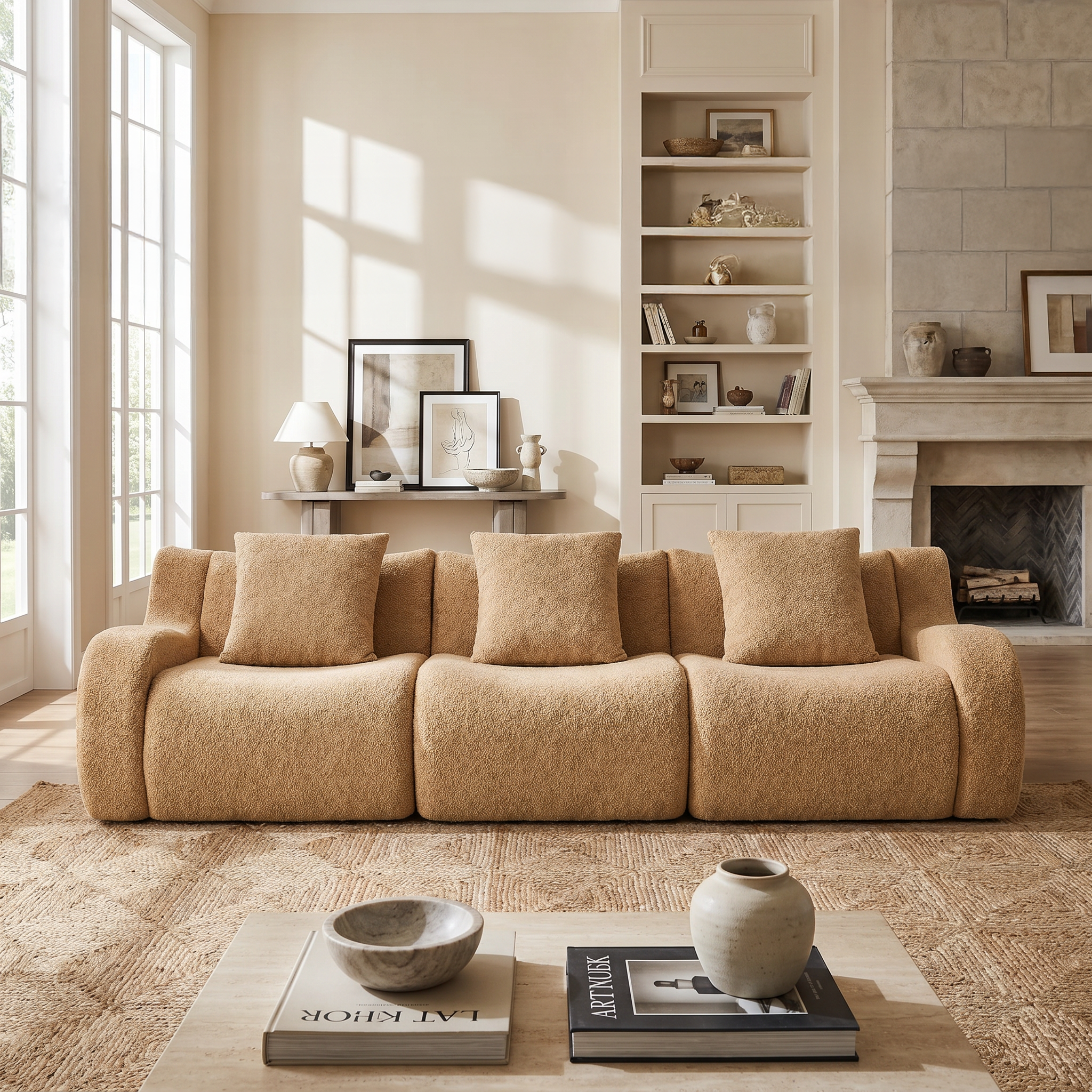 Chico light camel loveseat sofa showing angled view in an elegant living room