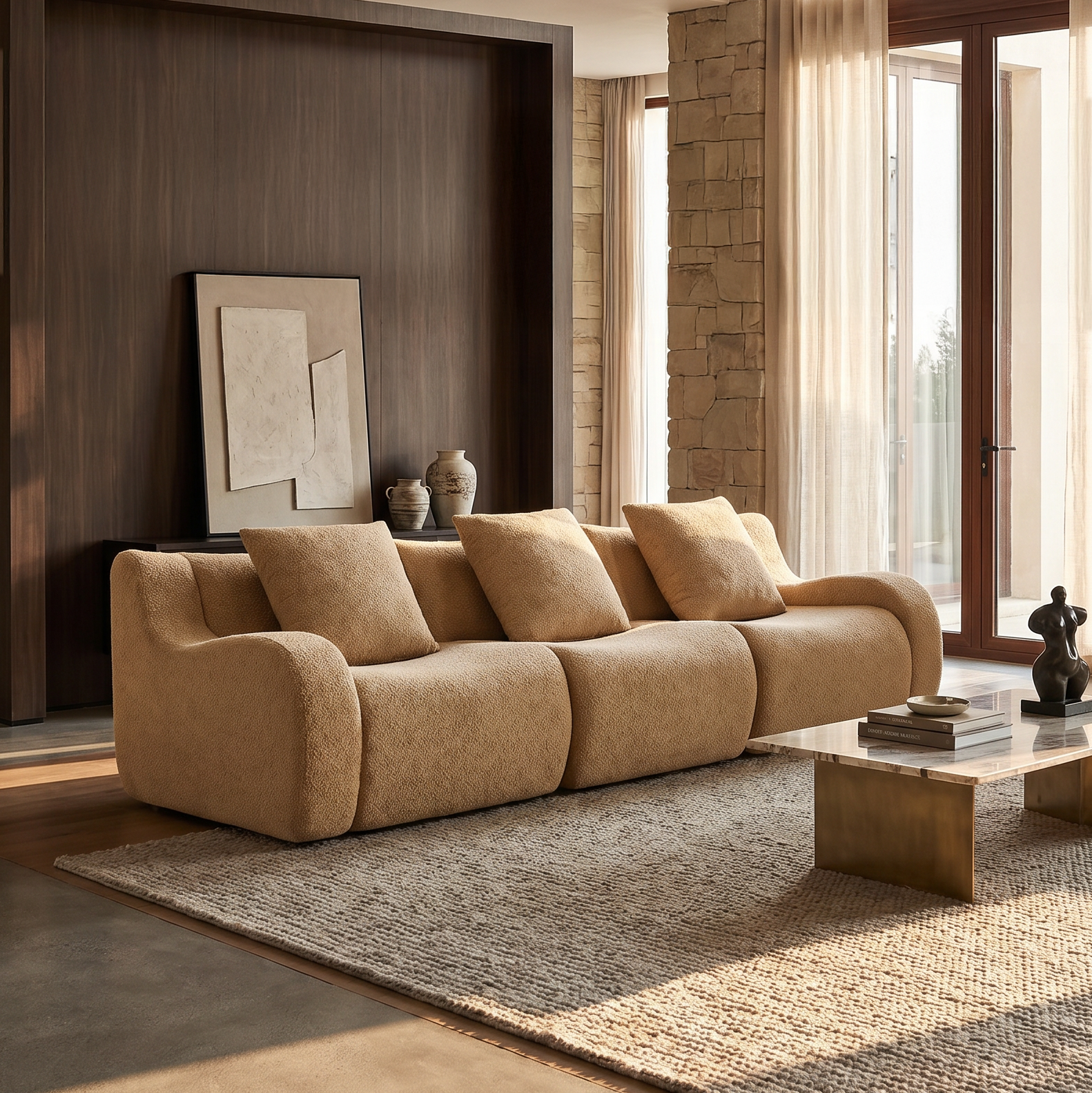 Chico light camel loveseat sofa showing front view with movable ottoman in a modern room