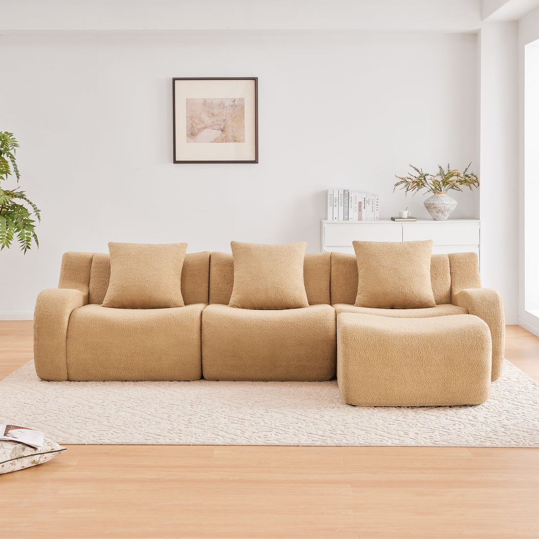 Chico light camel loveseat sofa showing front view in a bright living room