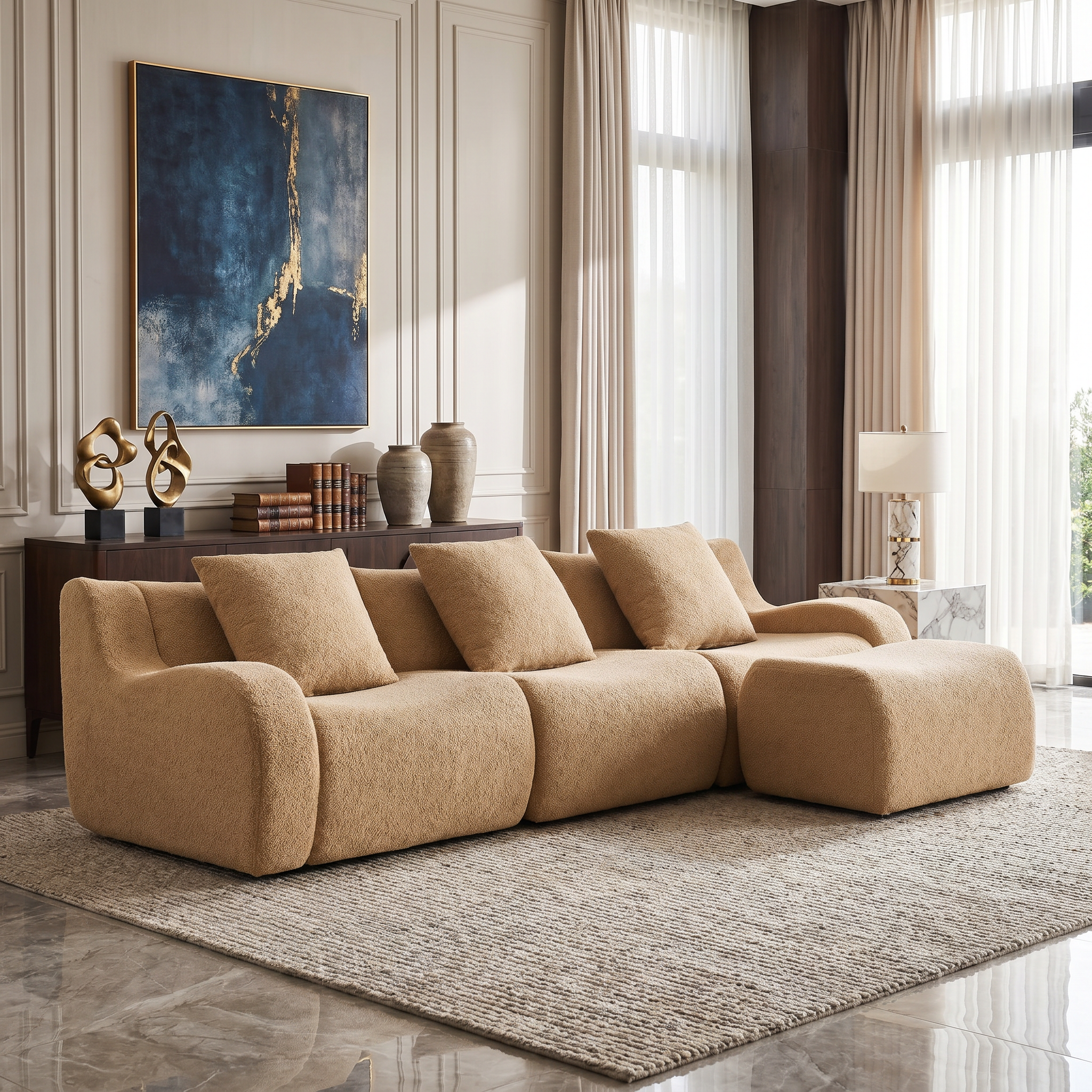 Chico light camel loveseat sofa showing angled view in an elegant living room