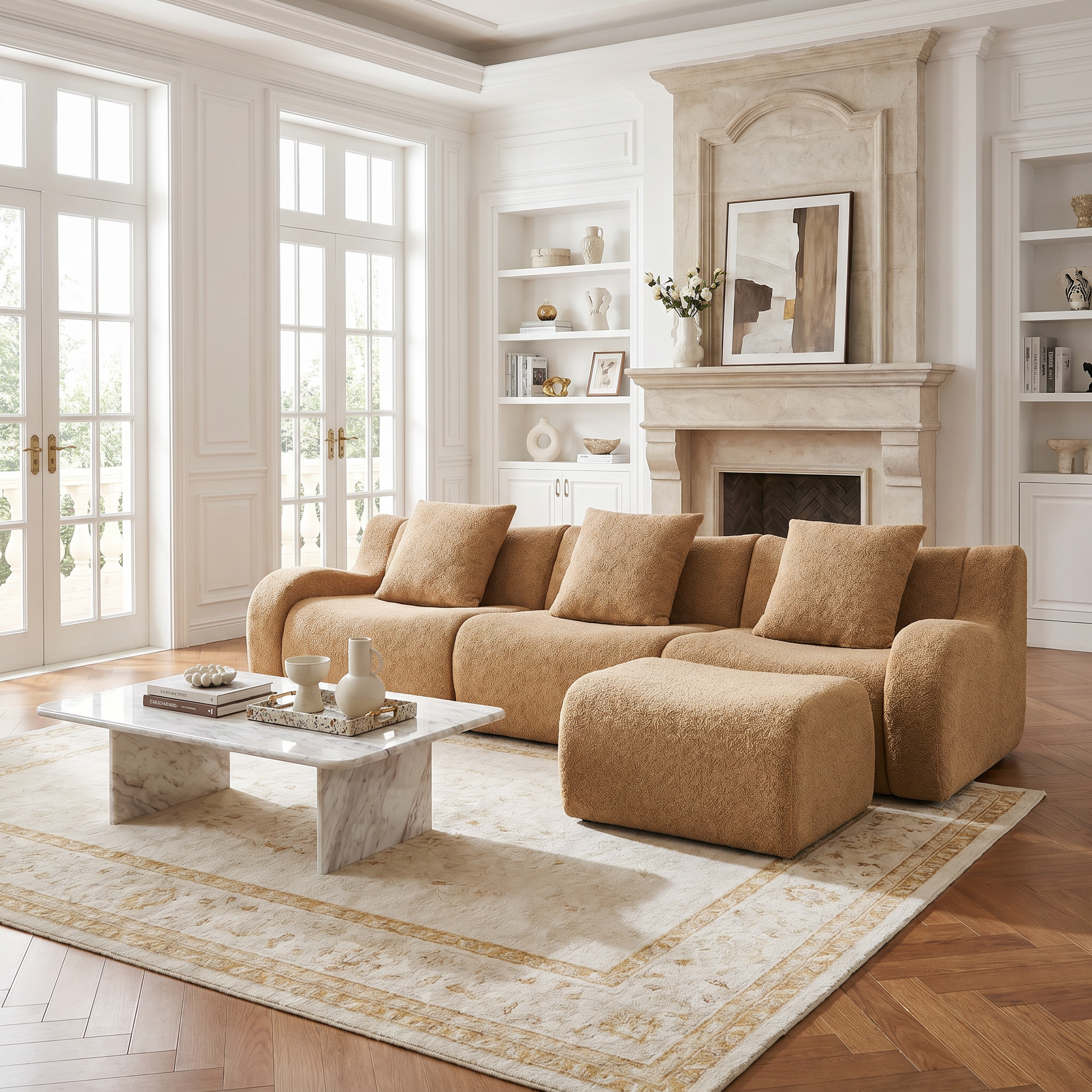 Chico light camel loveseat sofa showing front view with movable ottoman in a modern room