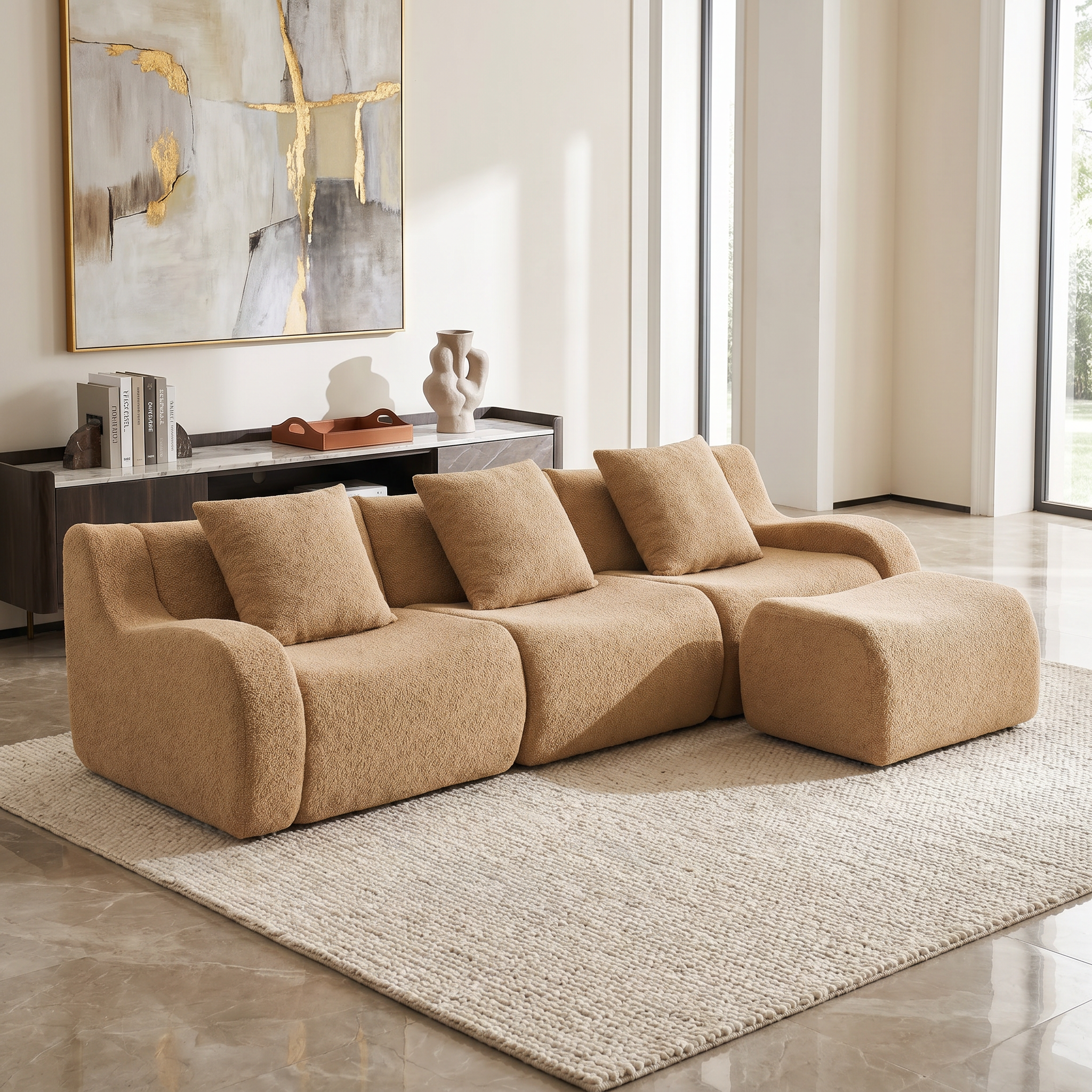 Chico light camel loveseat sofa showing l shaped layout in a cozy fireplace setting
