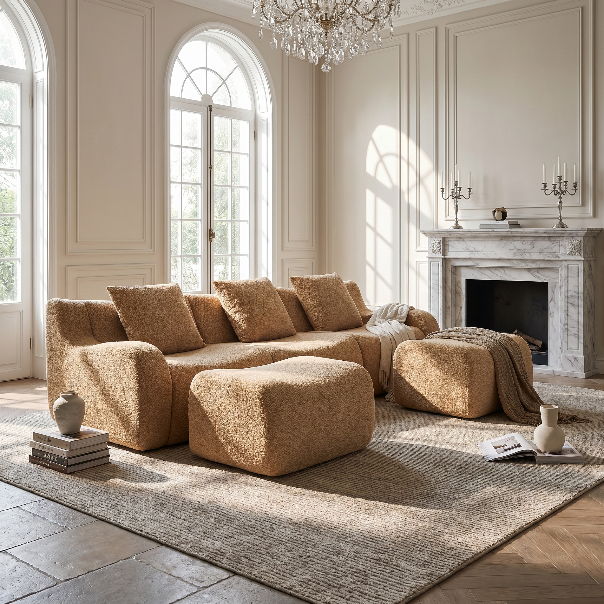 Chico light camel loveseat sofa showing angled view in an elegant living room