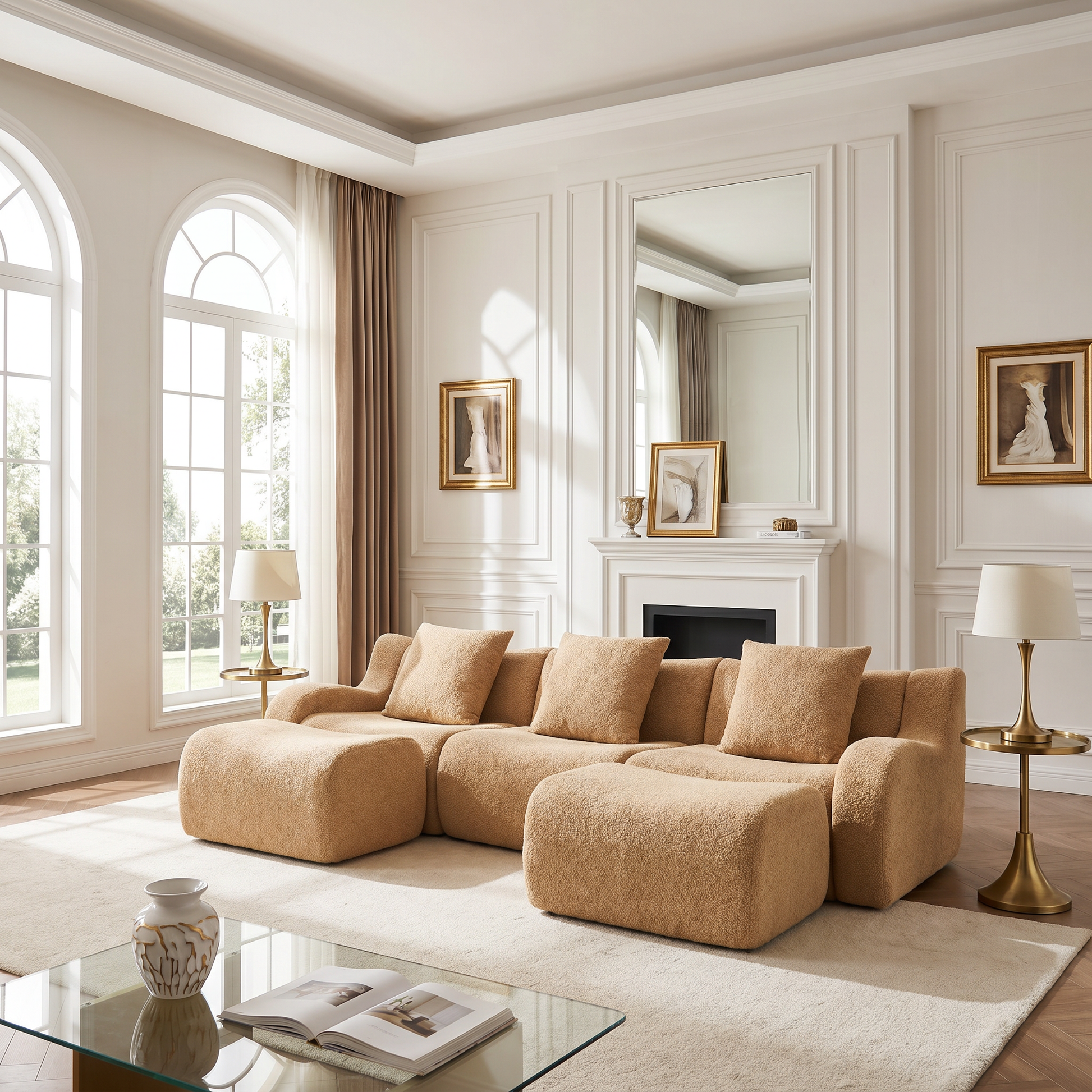 Chico light camel loveseat sofa showing front view with movable ottoman in a modern room