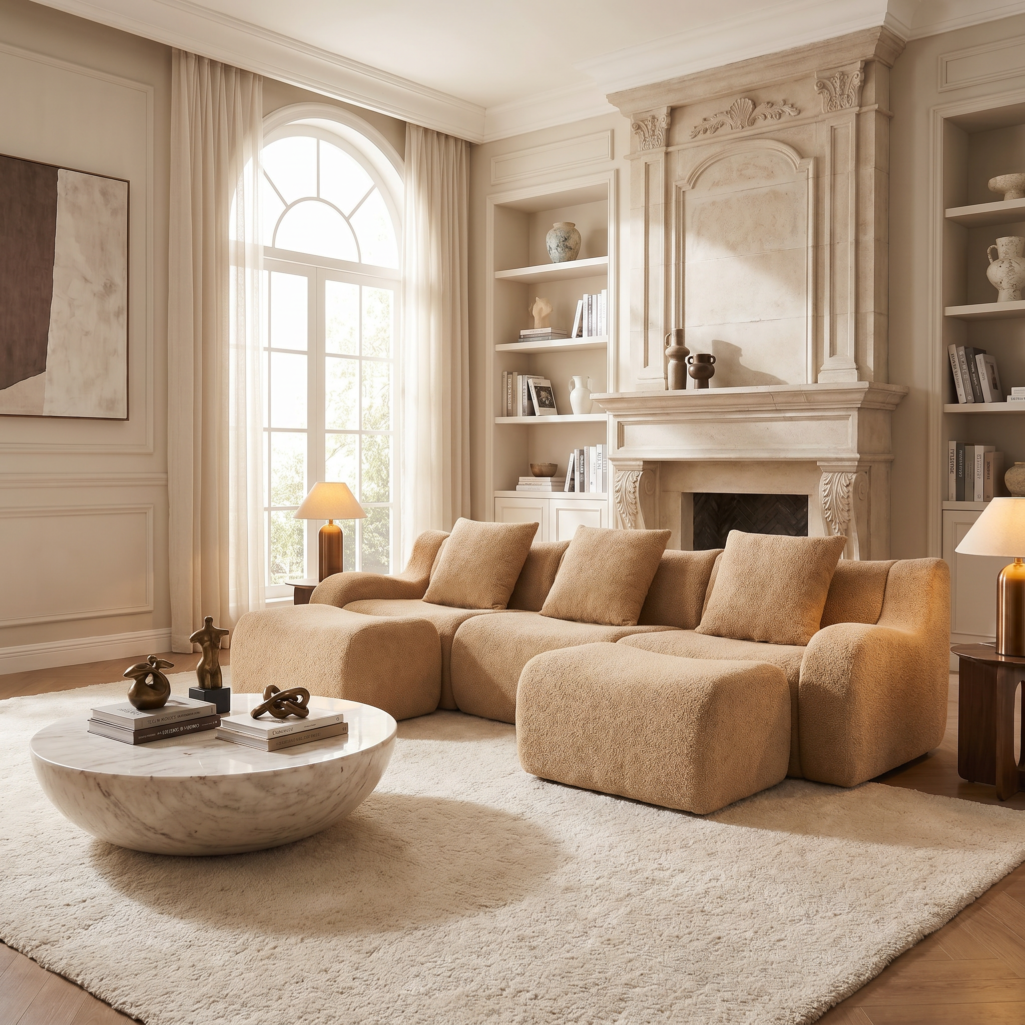 Chico light camel loveseat sofa showing l shaped layout in a cozy fireplace setting