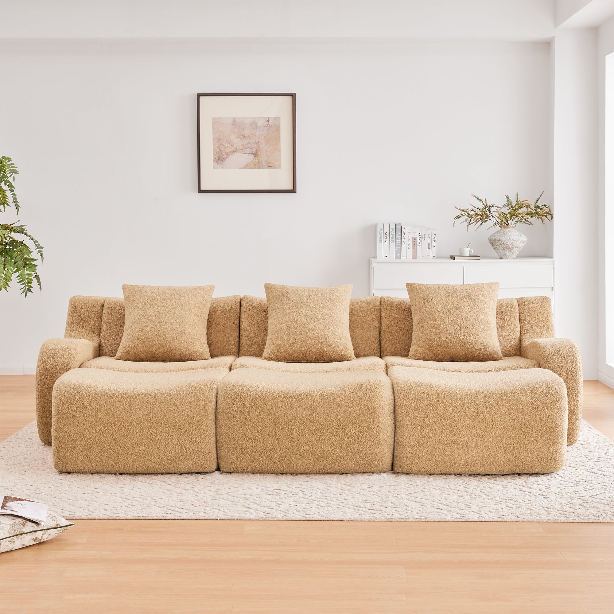 Chico light camel loveseat sofa showing front view in a bright living room