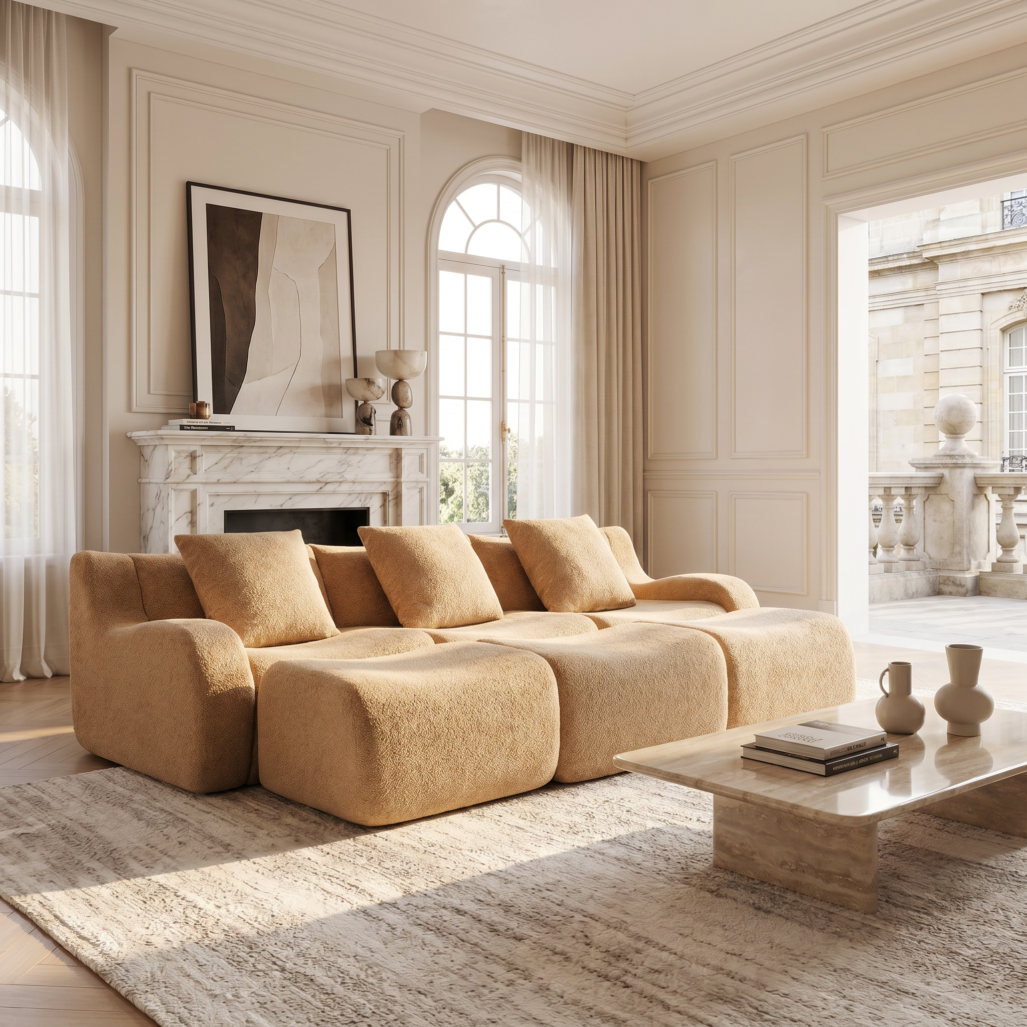 Chico light camel loveseat sofa showing angled view in an elegant living room