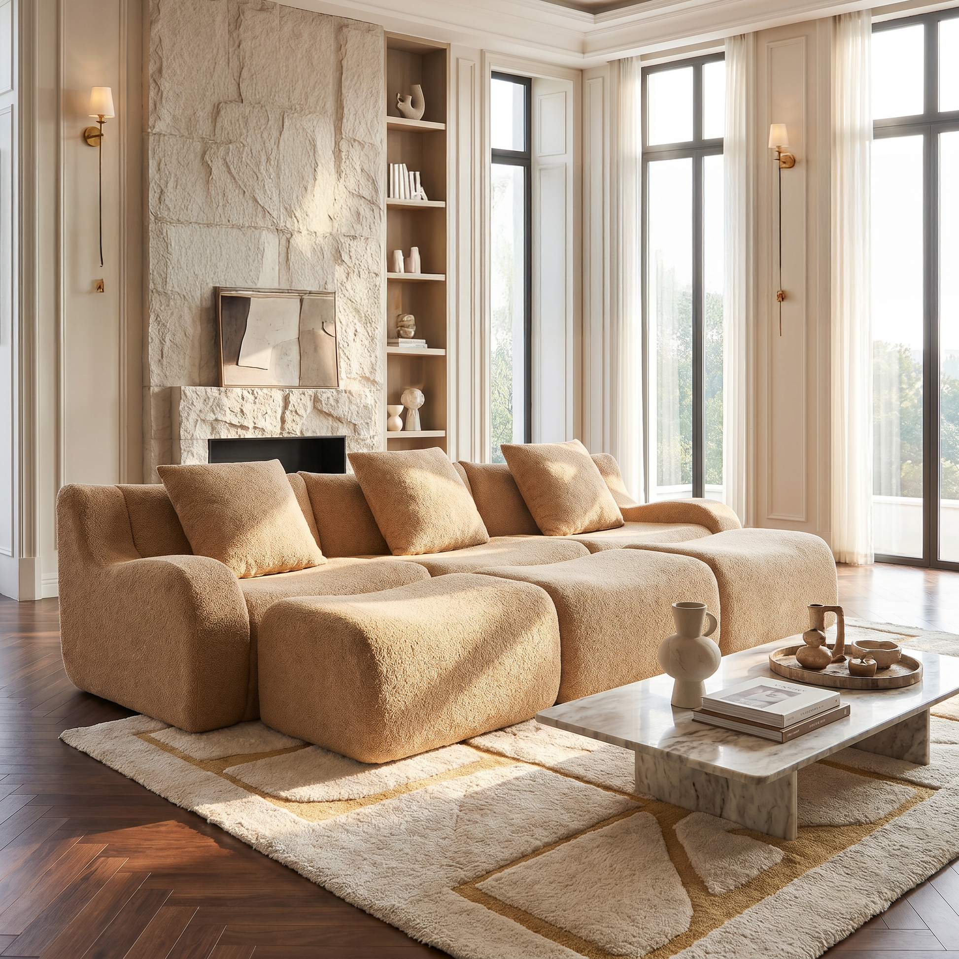 Chico light camel loveseat sofa showing front view with movable ottoman in a modern room