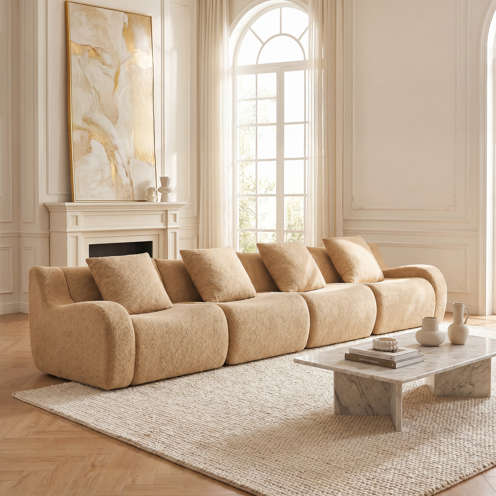 Chico light camel loveseat sofa showing angled view in an elegant living room