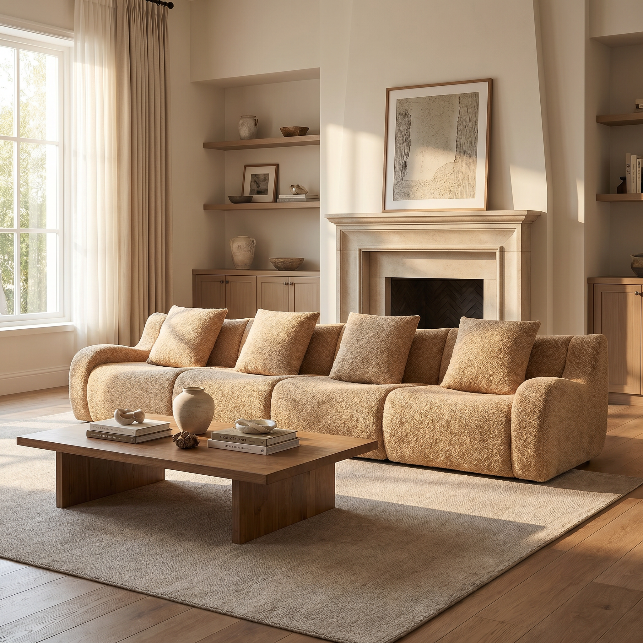 Chico light camel loveseat sofa showing front view with movable ottoman in a modern room