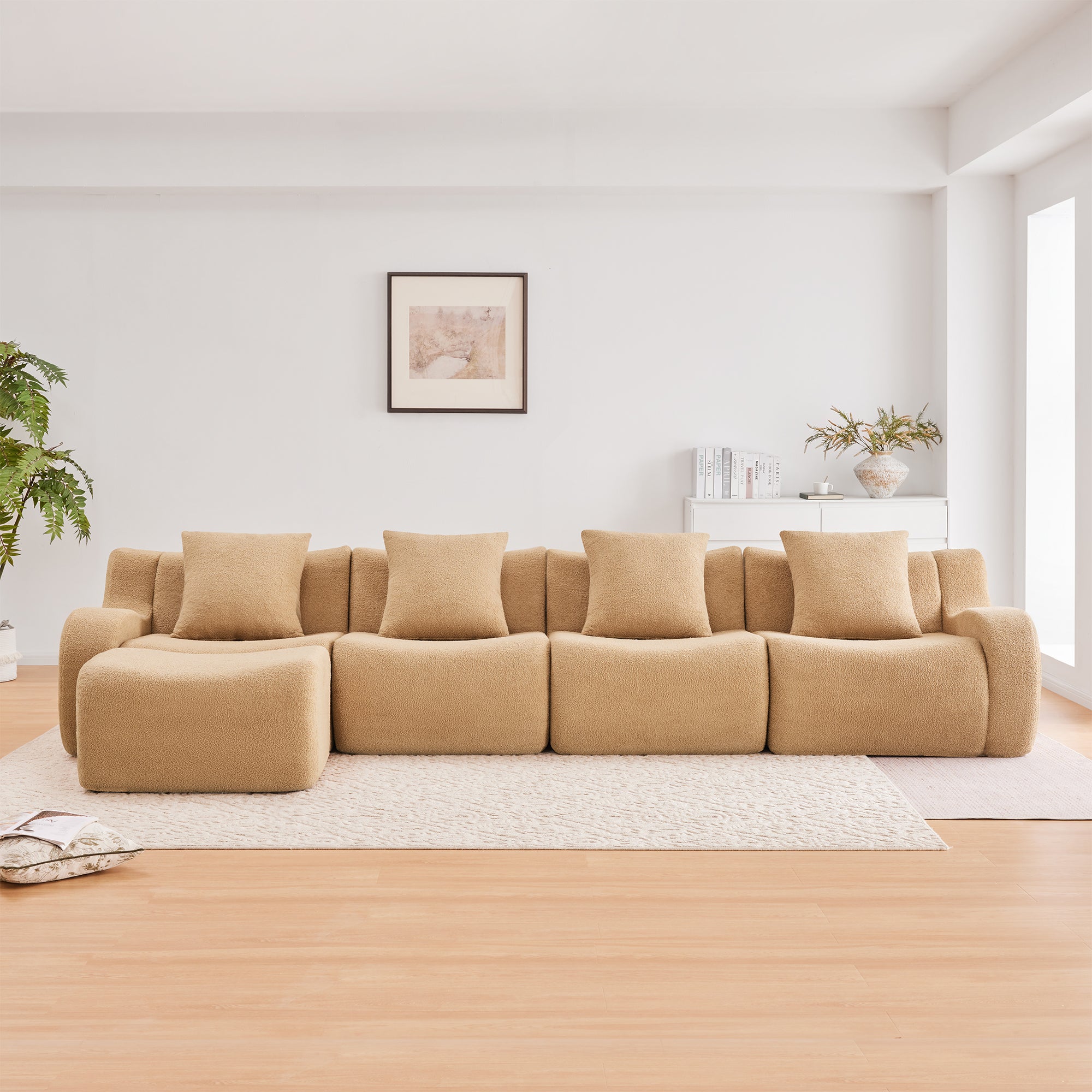 Chico light camel loveseat sofa showing front view in a bright living room