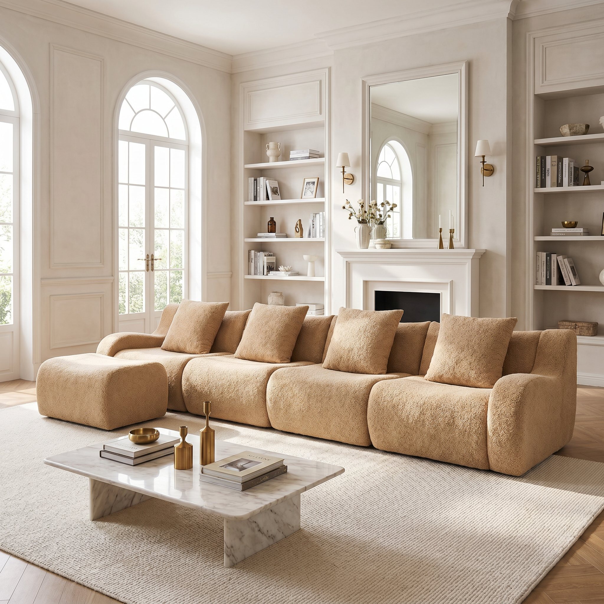 Chico light camel loveseat sofa showing angled view in an elegant living room